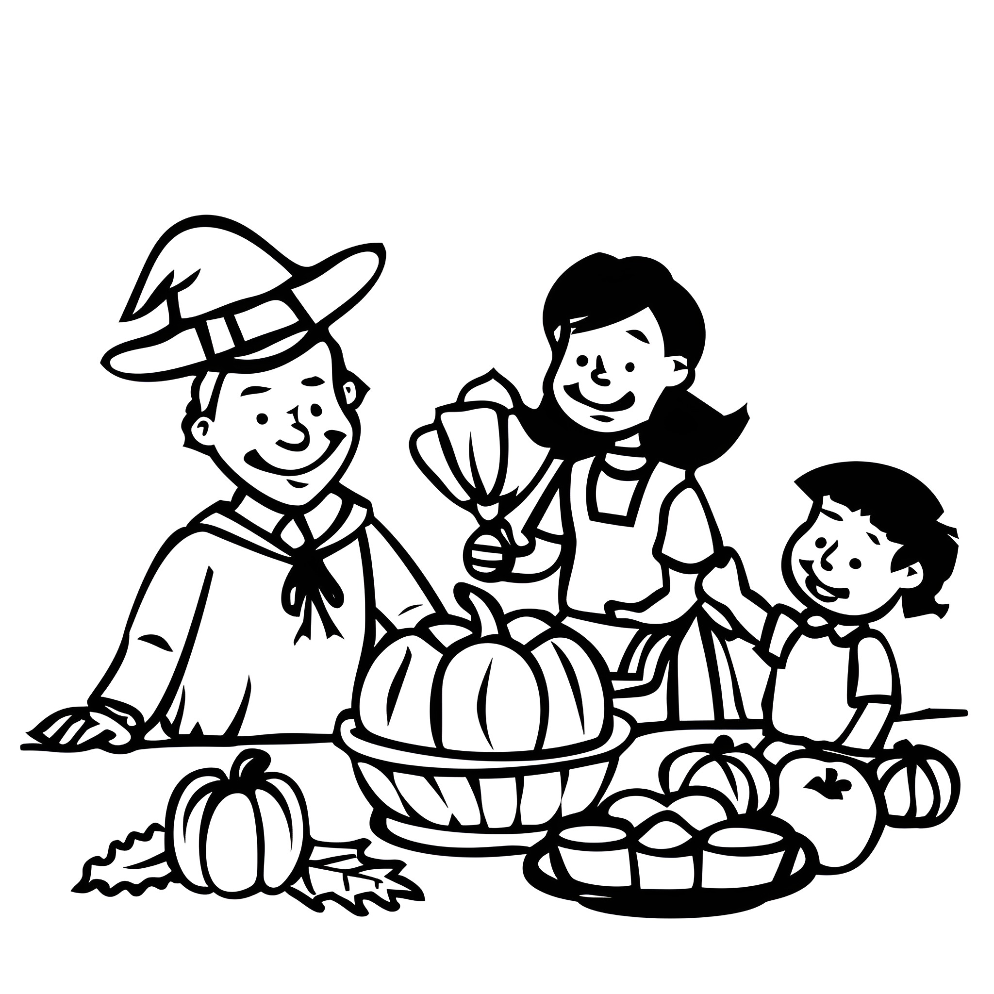 Thanksgiving family gathering with food and festivities Drawing Idea (free black-and-white line drawing printable PDF for all, from beginners to advanced learners, including children, teens, adults, and seniors)
