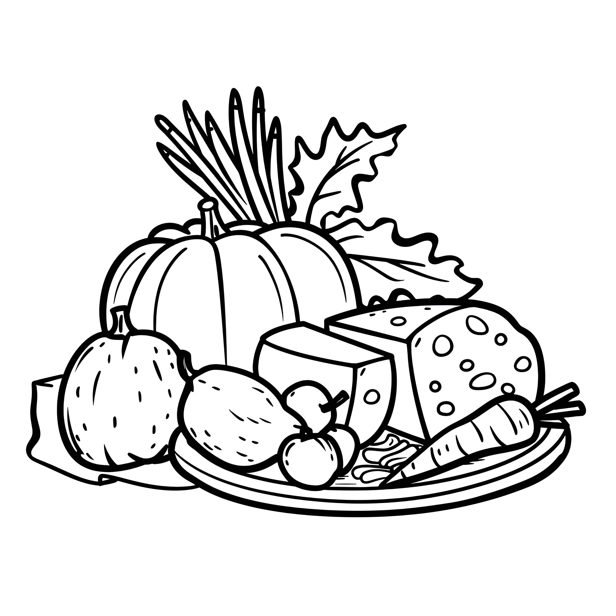 Thanksgiving Feast with Harvest Bounty Drawing Idea (free black-and-white line drawing printable PDF for all, from beginners to advanced learners, including children, teens, adults, and seniors)