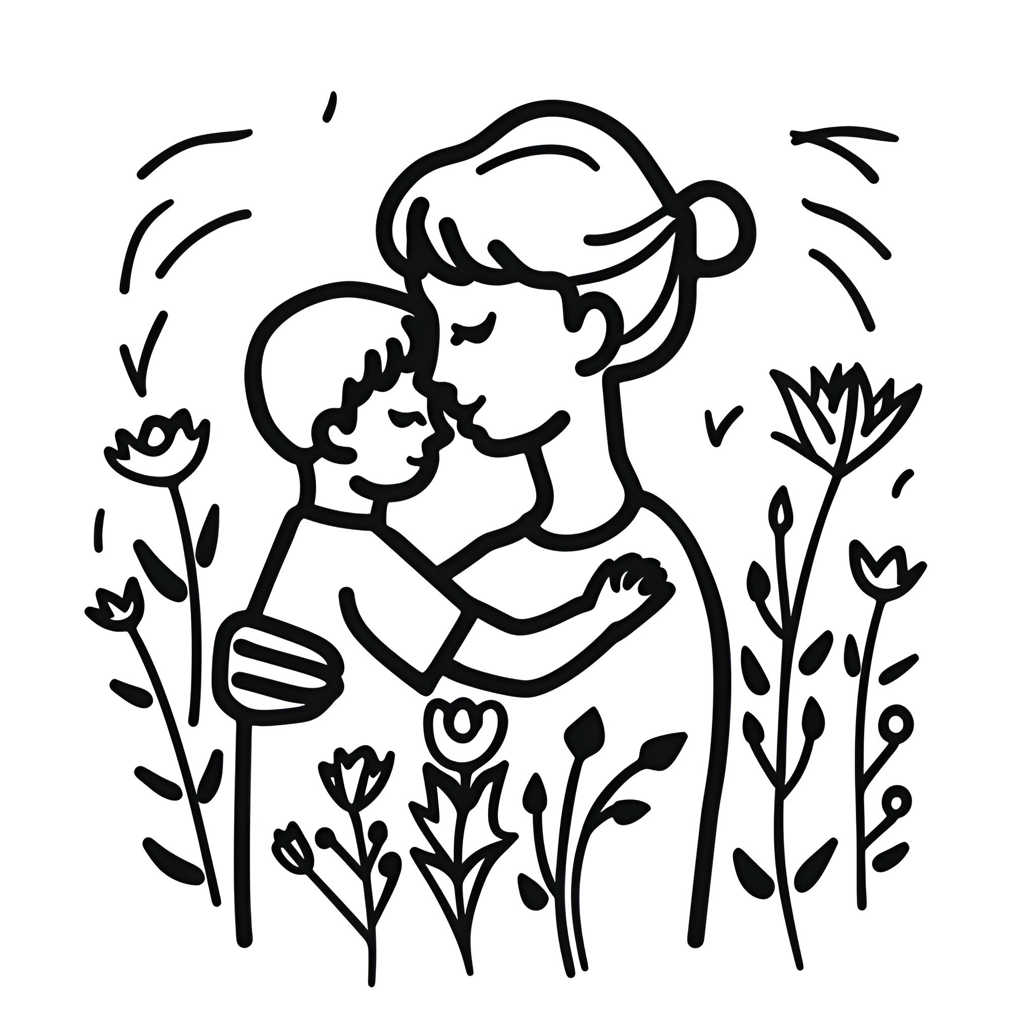 Mother's Day with Child in Garden Drawing Idea (free black-and-white line drawing printable PDF for all, from beginners to advanced learners, including children, teens, adults, and seniors)