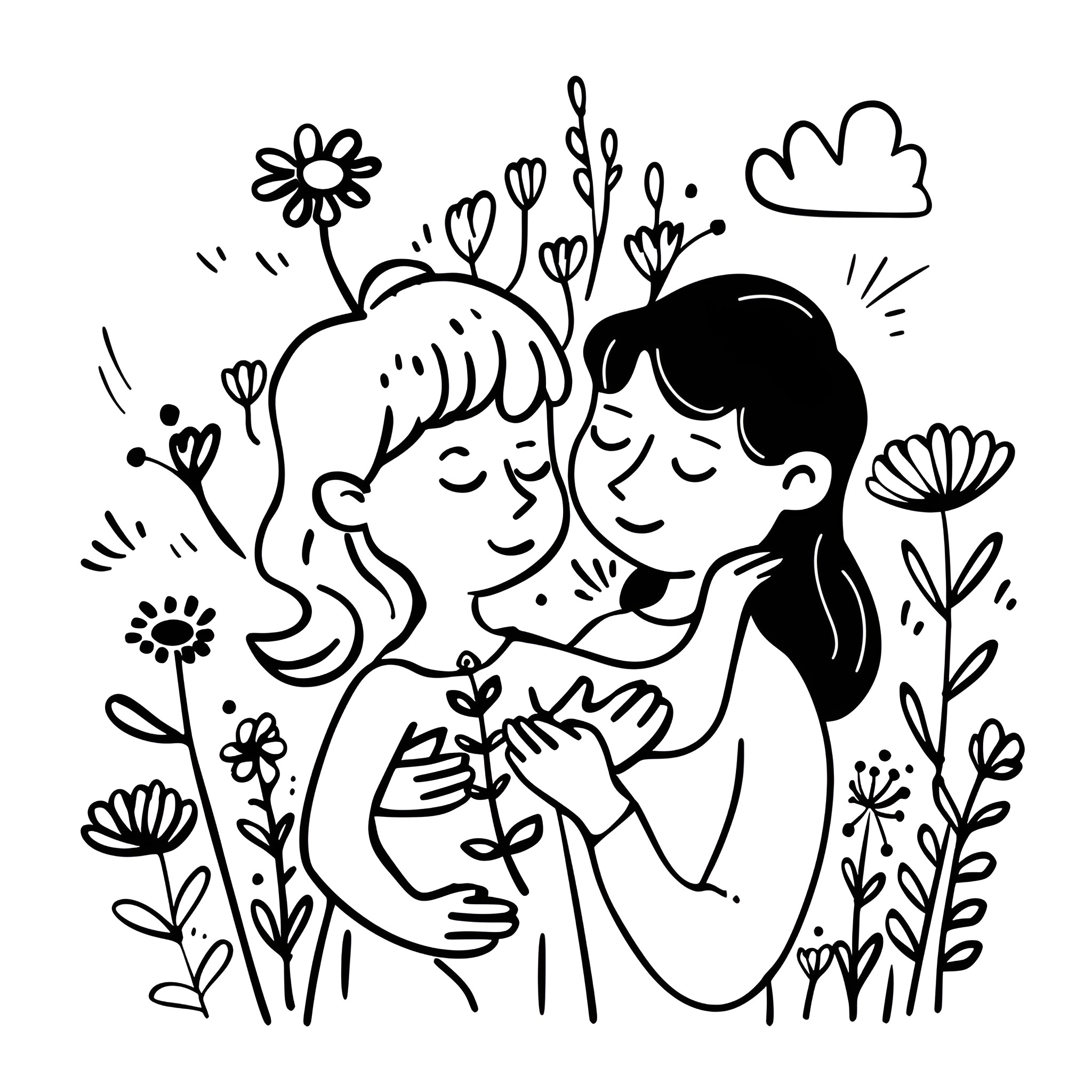 Mother's Day with tender embrace Drawing Idea (free black-and-white line drawing printable PDF for all, from beginners to advanced learners, including children, teens, adults, and seniors)
