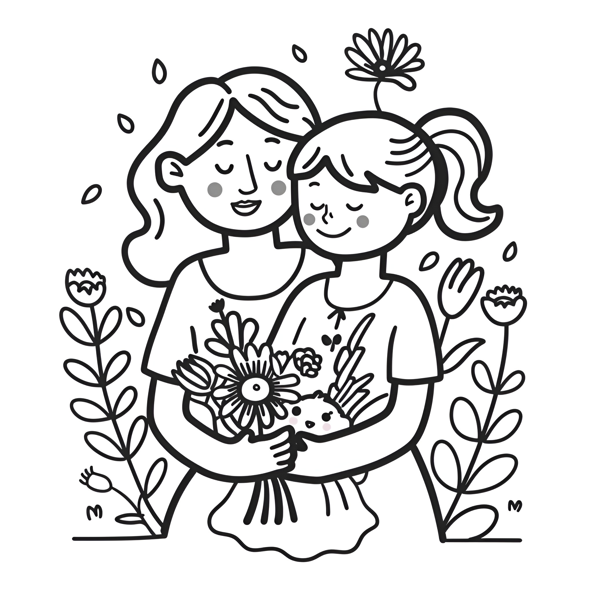 Mother's Day: Loving embrace with flowers Drawing Idea (free black-and-white line drawing printable PDF for all, from beginners to advanced learners, including children, teens, adults, and seniors)