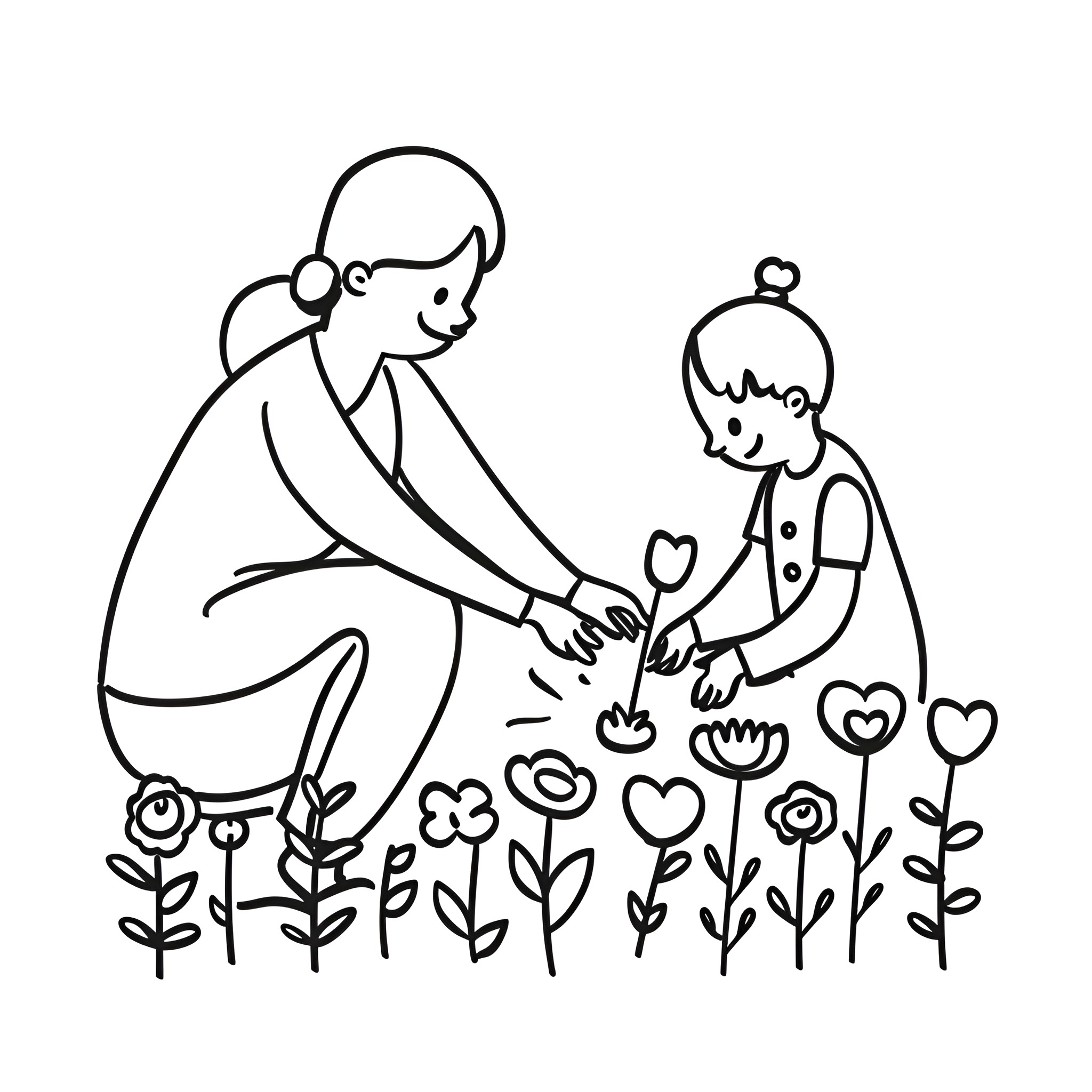 Mother's Day caring for flowers Drawing Idea (free black-and-white line drawing printable PDF for all, from beginners to advanced learners, including children, teens, adults, and seniors)