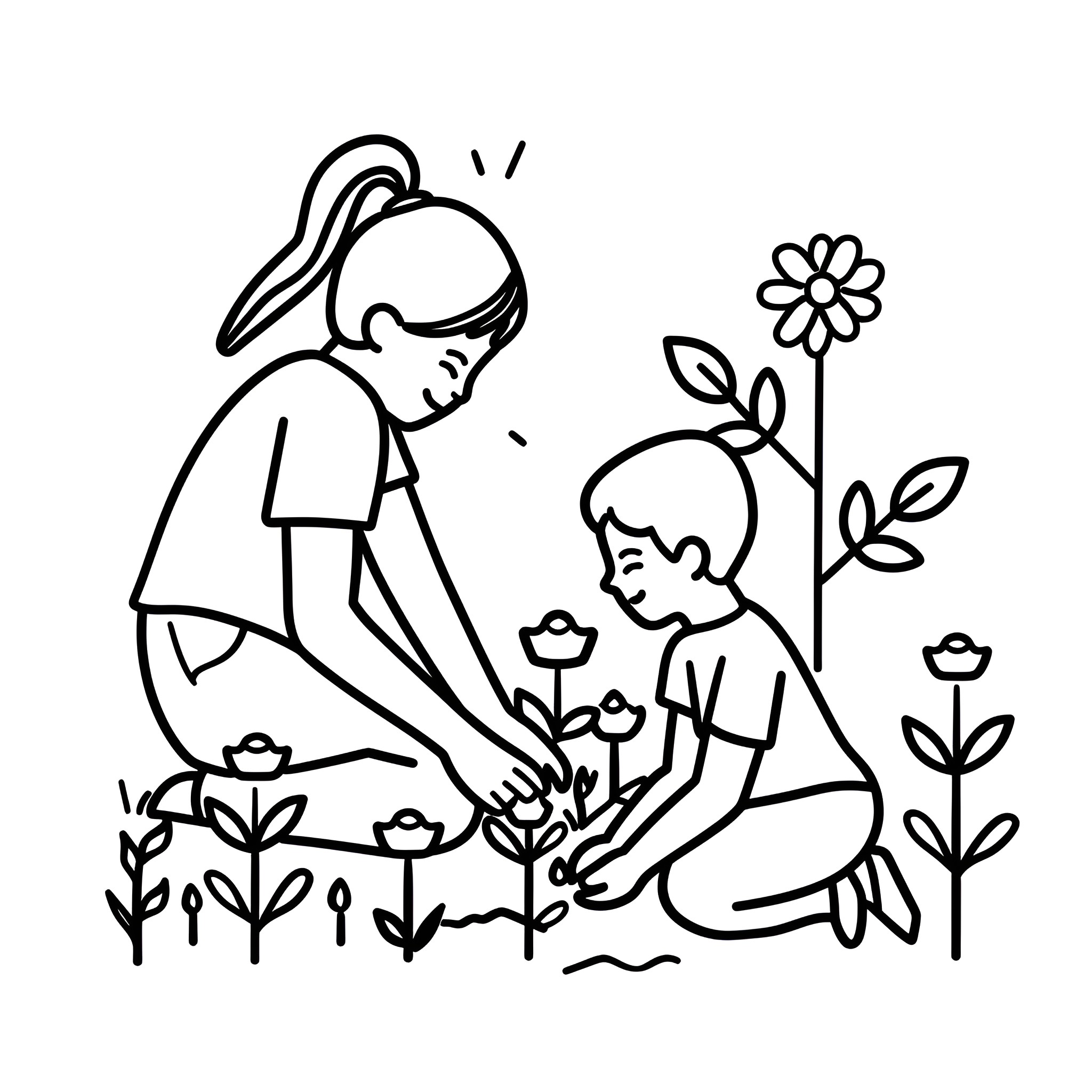 Mother's Day gardening with child Drawing Idea (free black-and-white line drawing printable PDF for all, from beginners to advanced learners, including children, teens, adults, and seniors)