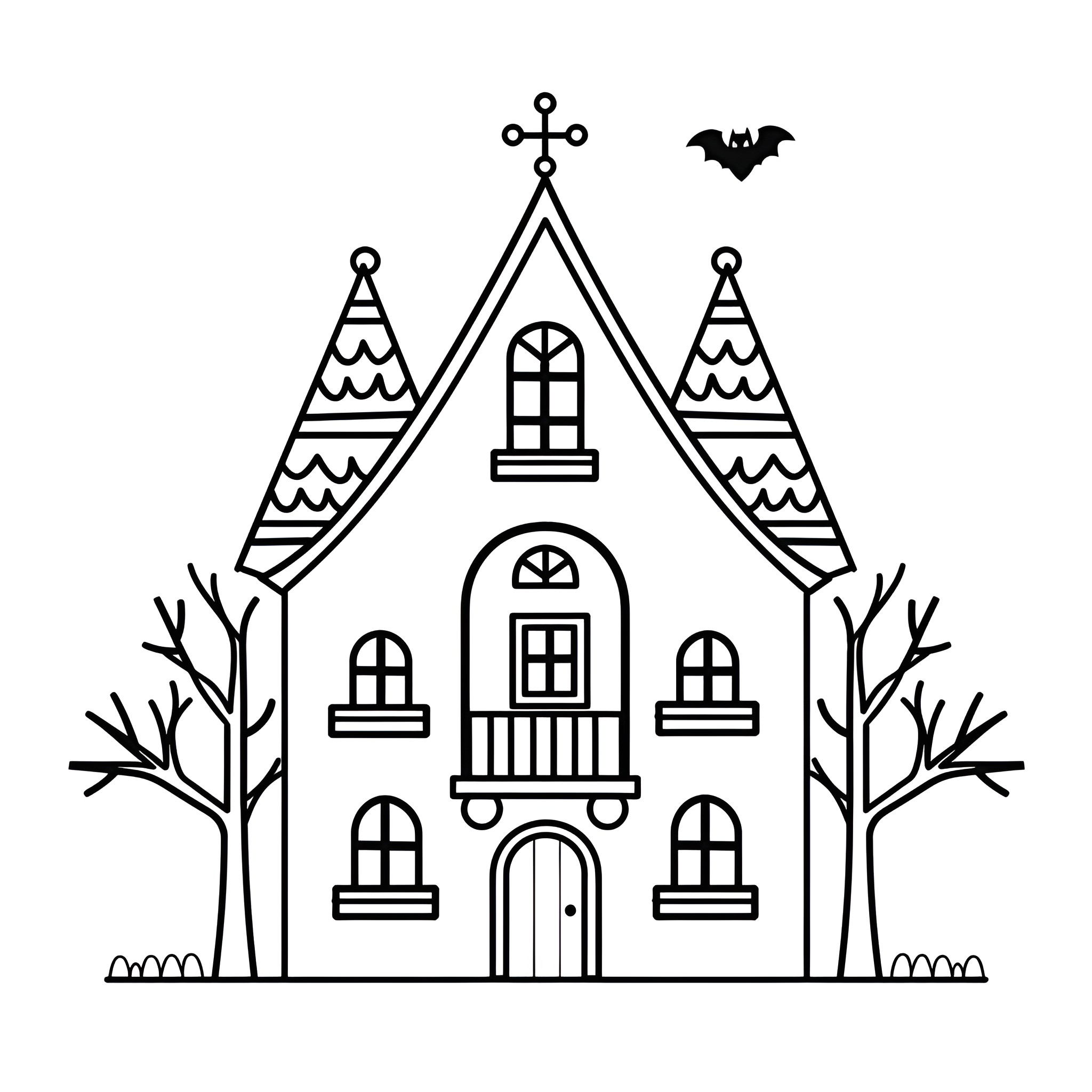 Scary haunted house with spooky features Drawing Idea (free black-and-white line drawing printable PDF for all, from beginners to advanced learners, including children, teens, adults, and seniors)