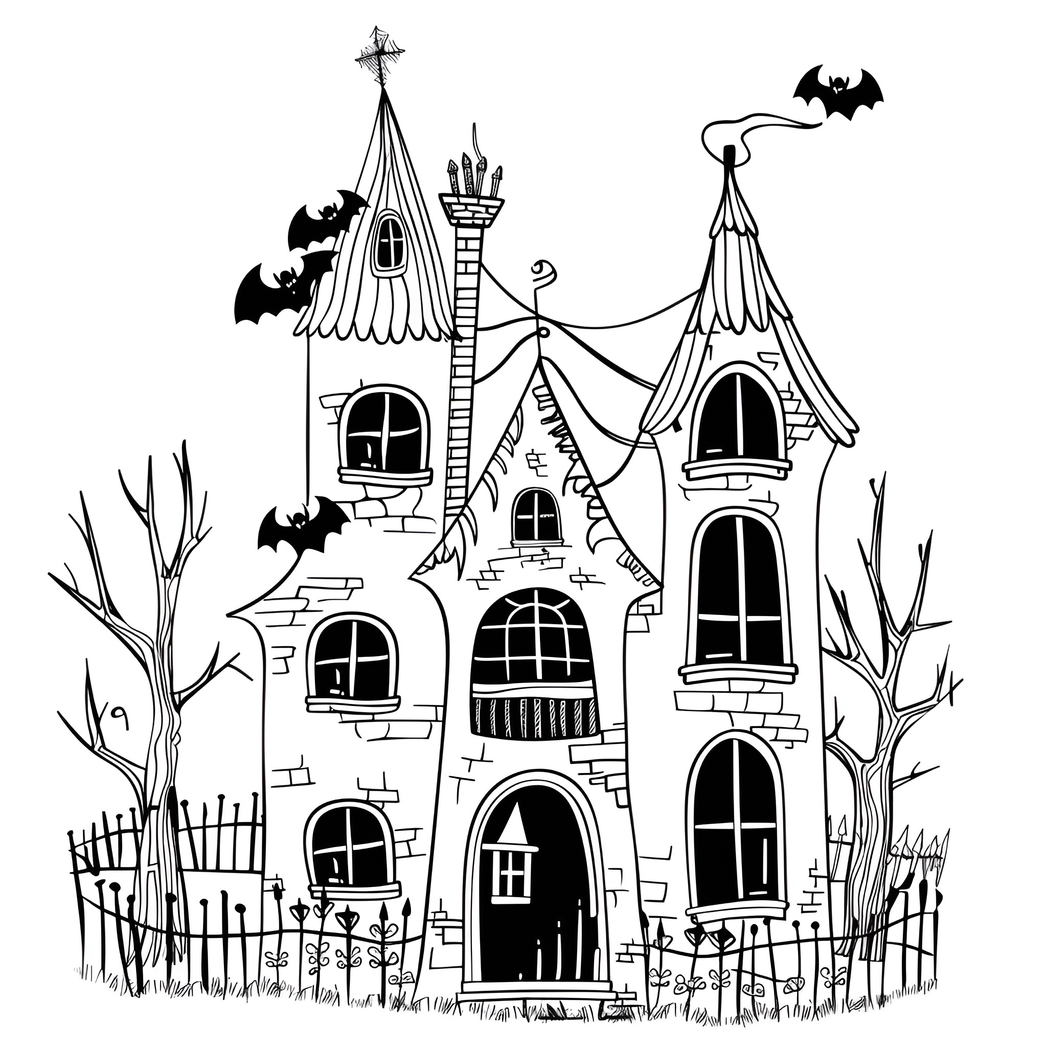 Scary haunted castle with bats Drawing Idea (free black-and-white line drawing printable PDF for all, from beginners to advanced learners, including children, teens, adults, and seniors)