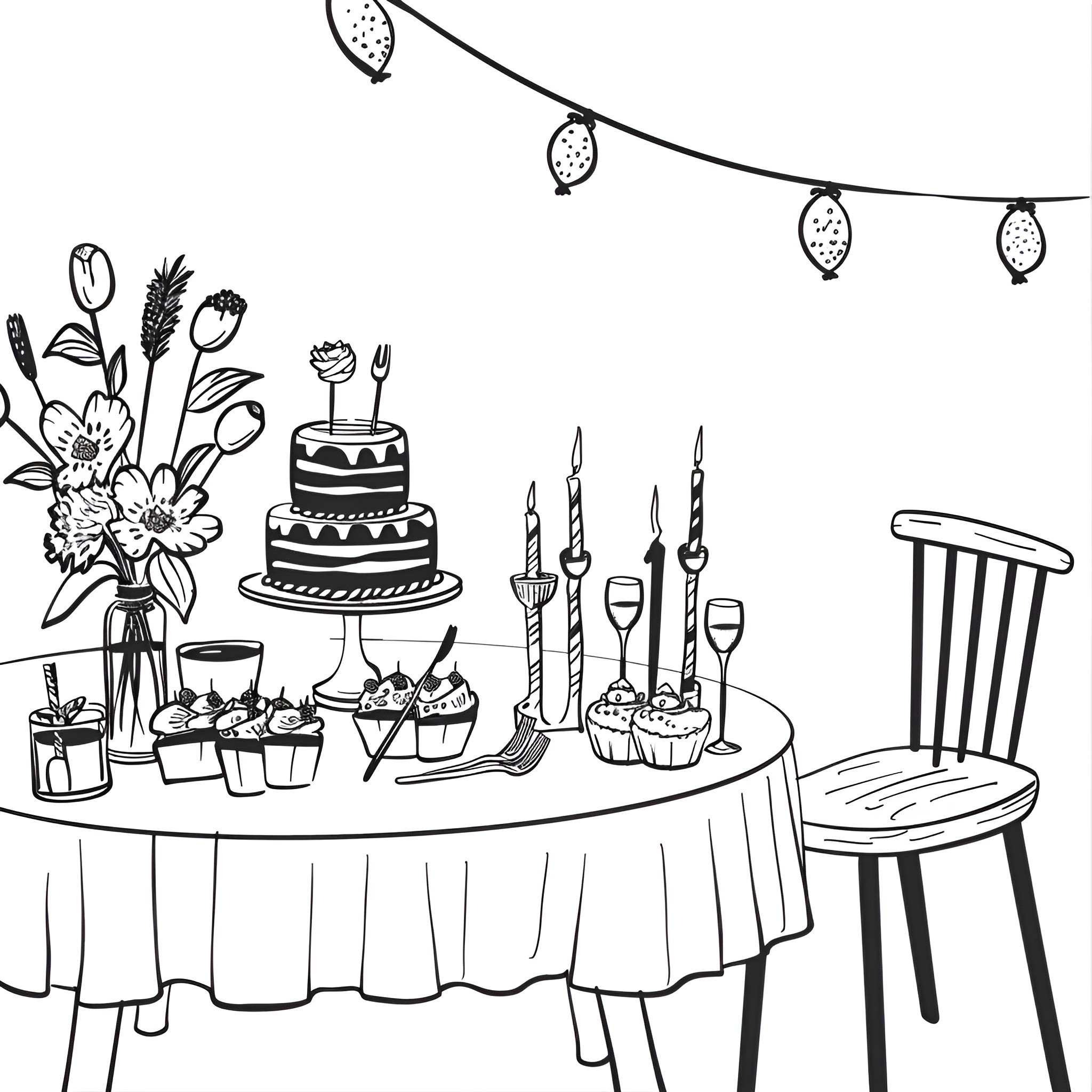 Mother's Day festive party with cake and decor Drawing Idea (free black-and-white line drawing printable PDF for all, from beginners to advanced learners, including children, teens, adults, and seniors)