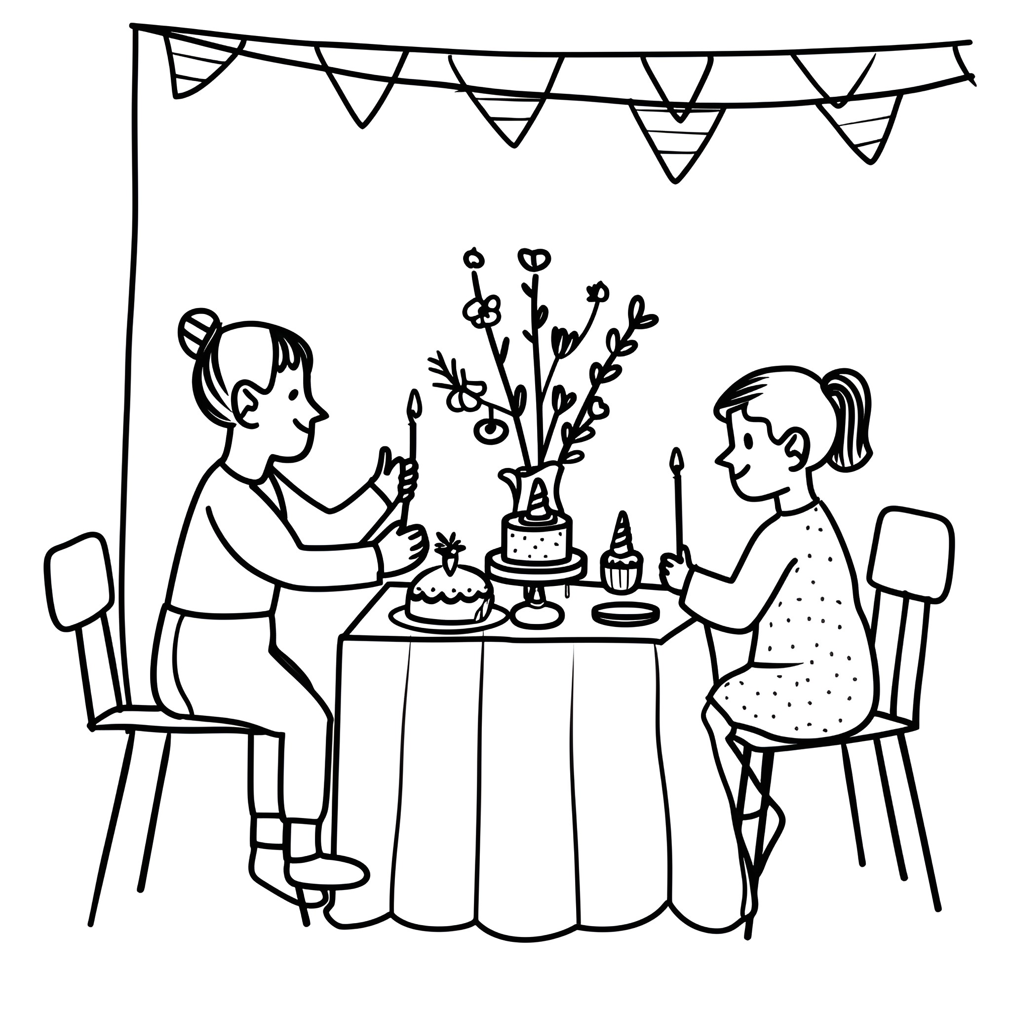 Mother's Day family celebration with cake and flowers Drawing Idea (free black-and-white line drawing printable PDF for all, from beginners to advanced learners, including children, teens, adults, and seniors)