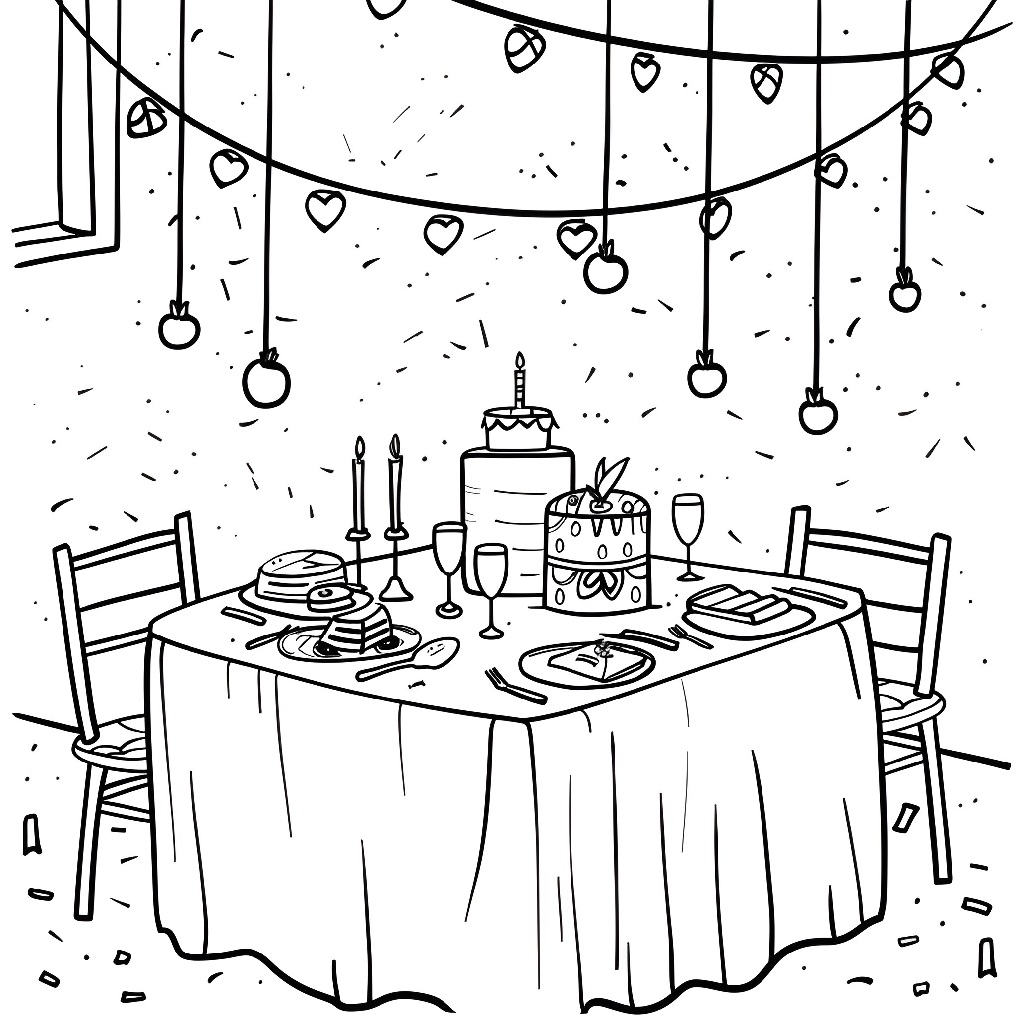 Mother's Day dinner celebration at home Drawing Idea (free black-and-white line drawing printable PDF for all, from beginners to advanced learners, including children, teens, adults, and seniors)