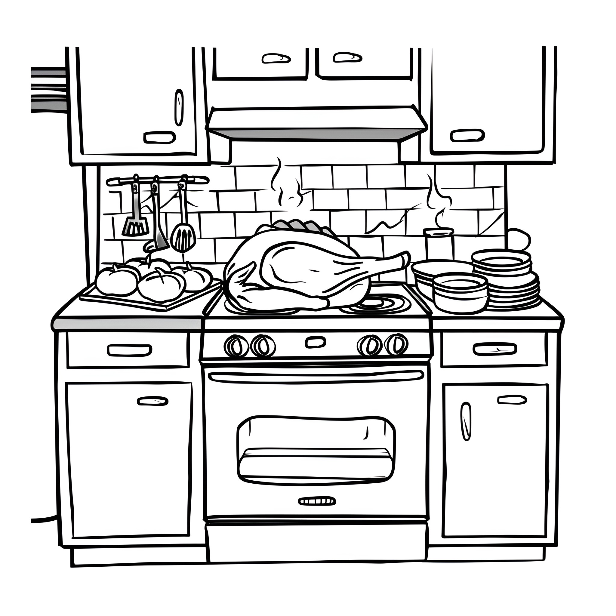 Thanksgiving kitchen scene with roasted turkey Drawing Idea (free black-and-white line drawing printable PDF for all, from beginners to advanced learners, including children, teens, adults, and seniors)