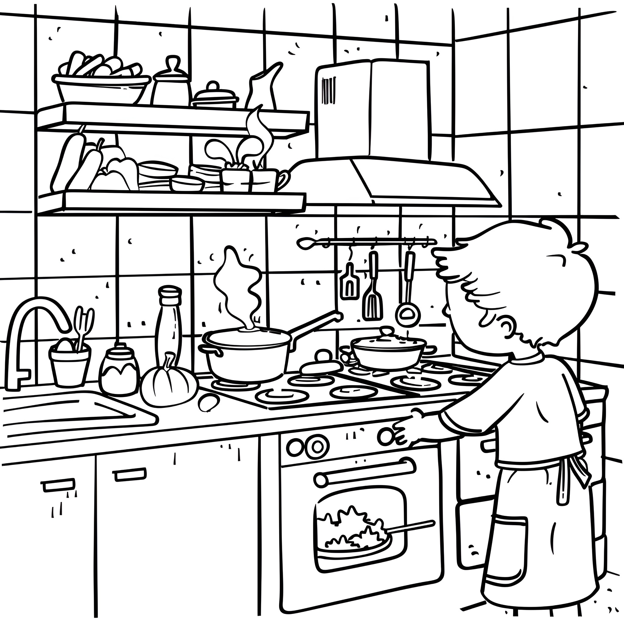 Thanksgiving Feast Preparation in the Kitchen Drawing Idea (free black-and-white line drawing printable PDF for all, from beginners to advanced learners, including children, teens, adults, and seniors)