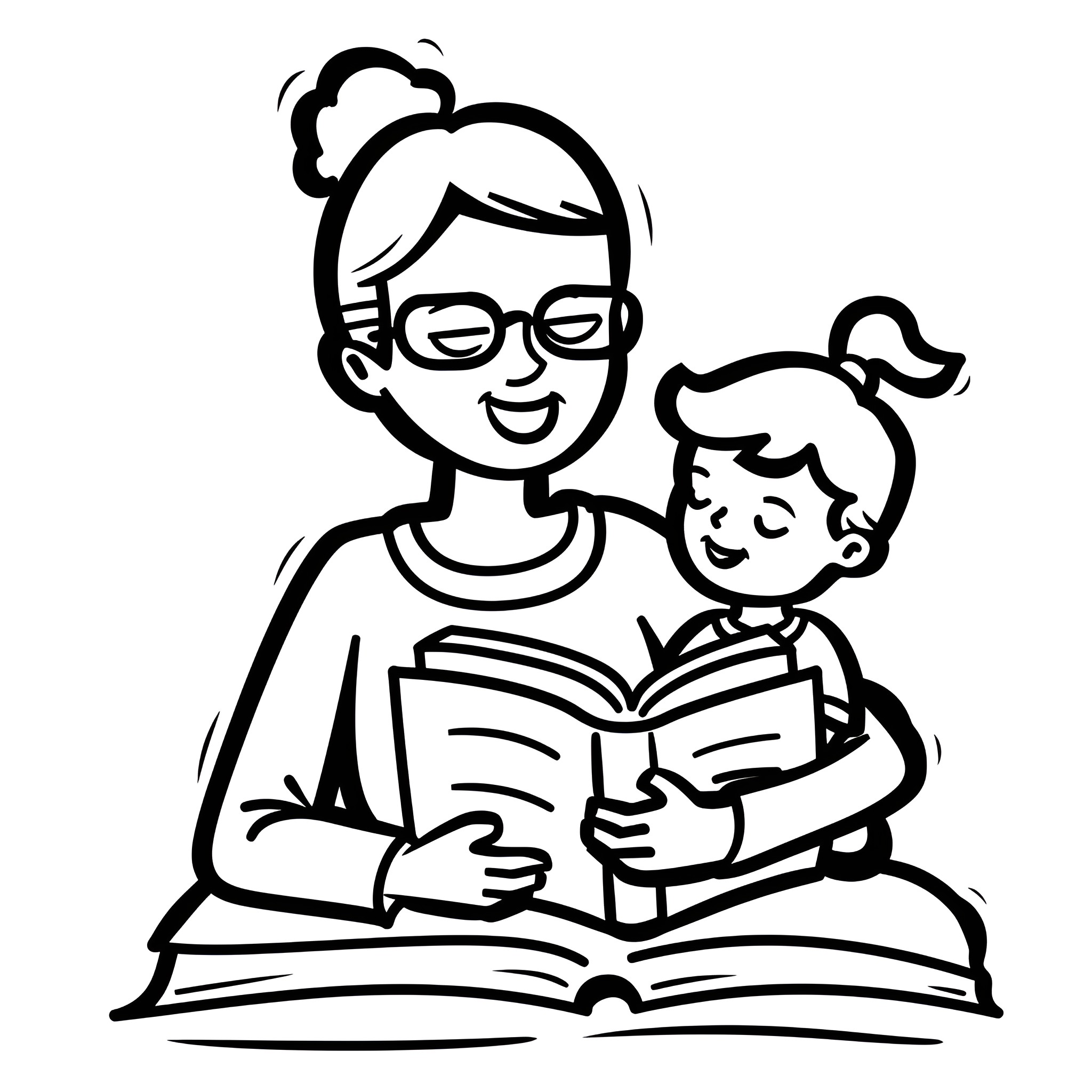 Mother's Day reading time with child Drawing Idea (free black-and-white line drawing printable PDF for all, from beginners to advanced learners, including children, teens, adults, and seniors)