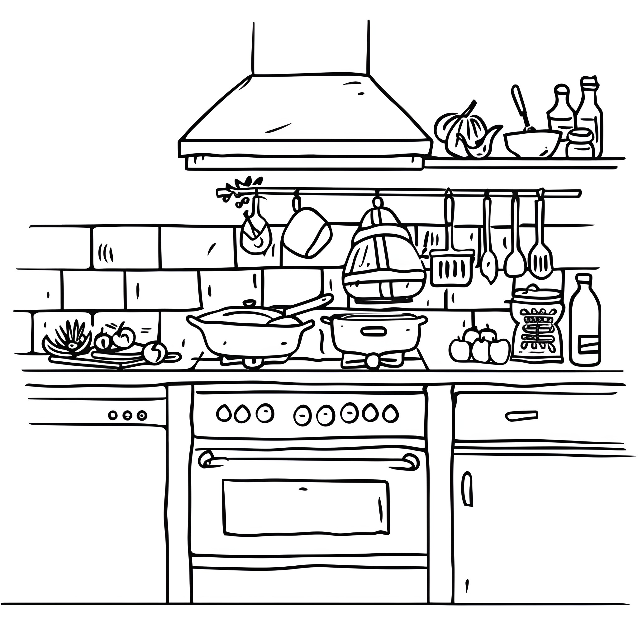 Thanksgiving kitchen scene with cooking utensils Drawing Idea (free black-and-white line drawing printable PDF for all, from beginners to advanced learners, including children, teens, adults, and seniors)