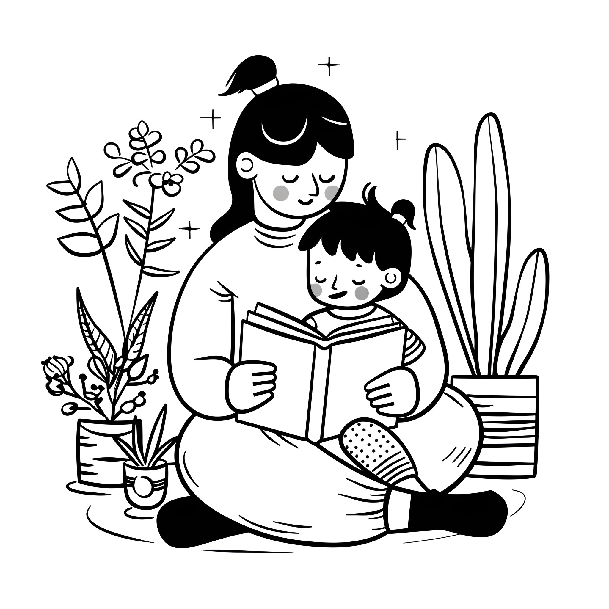 Mother's Day reading with child Drawing Idea (free black-and-white line drawing printable PDF for all, from beginners to advanced learners, including children, teens, adults, and seniors)