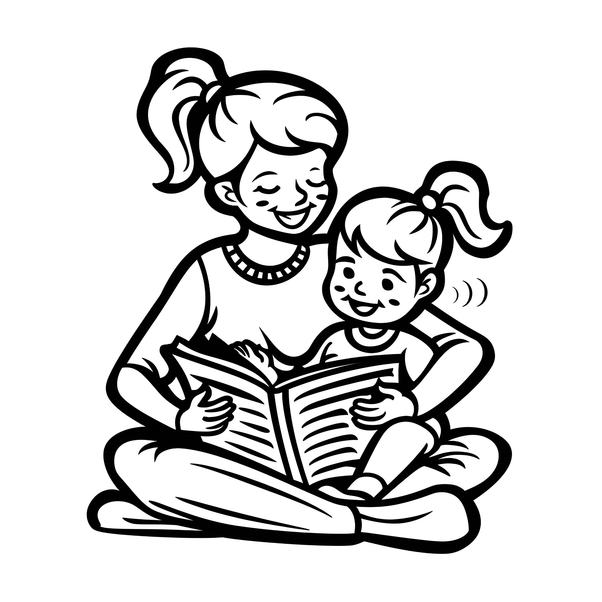 Mother's Day bonding over storybook Drawing Idea (free black-and-white line drawing printable PDF for all, from beginners to advanced learners, including children, teens, adults, and seniors)