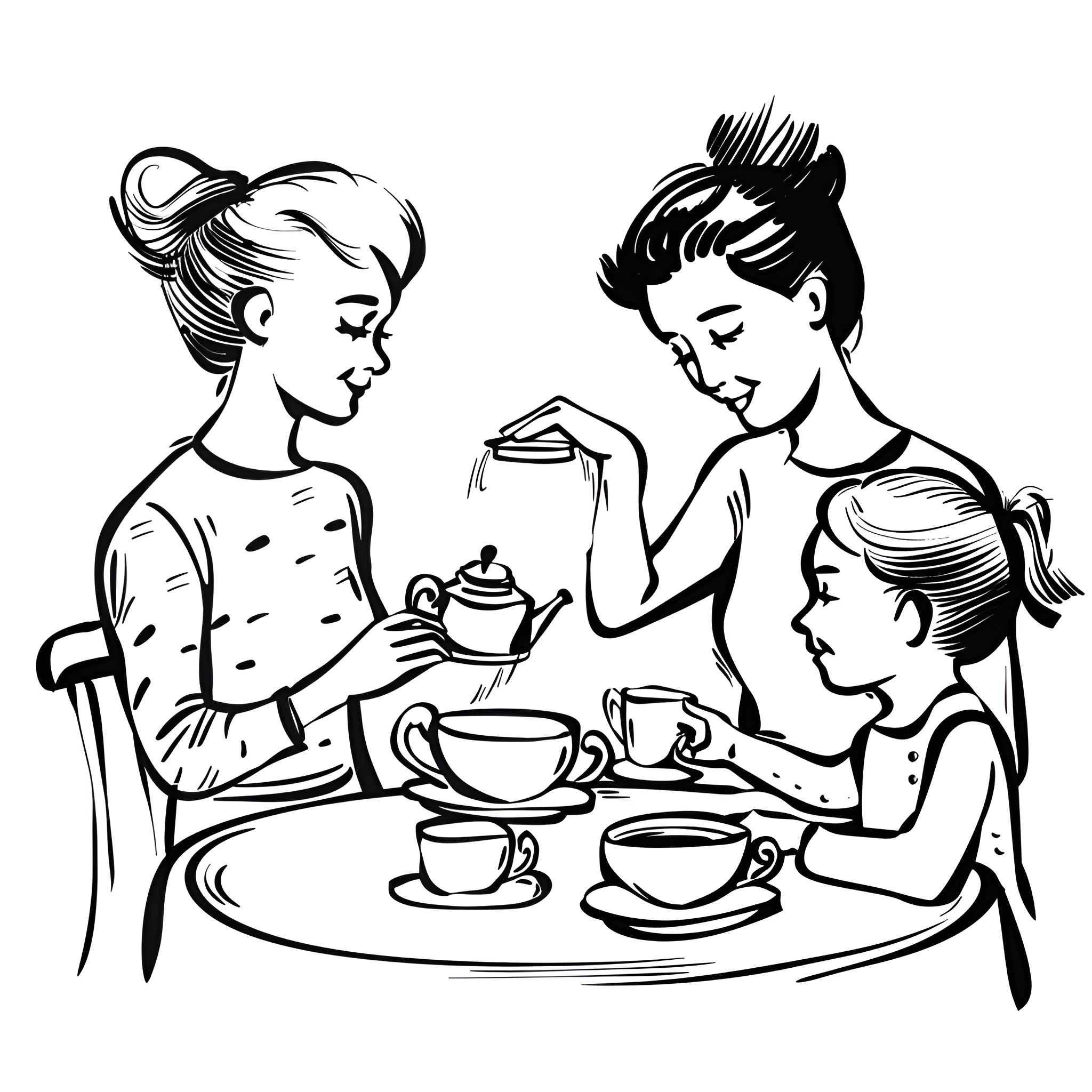Mother's Day Tea Party Drawing Idea (free black-and-white line drawing printable PDF for all, from beginners to advanced learners, including children, teens, adults, and seniors)