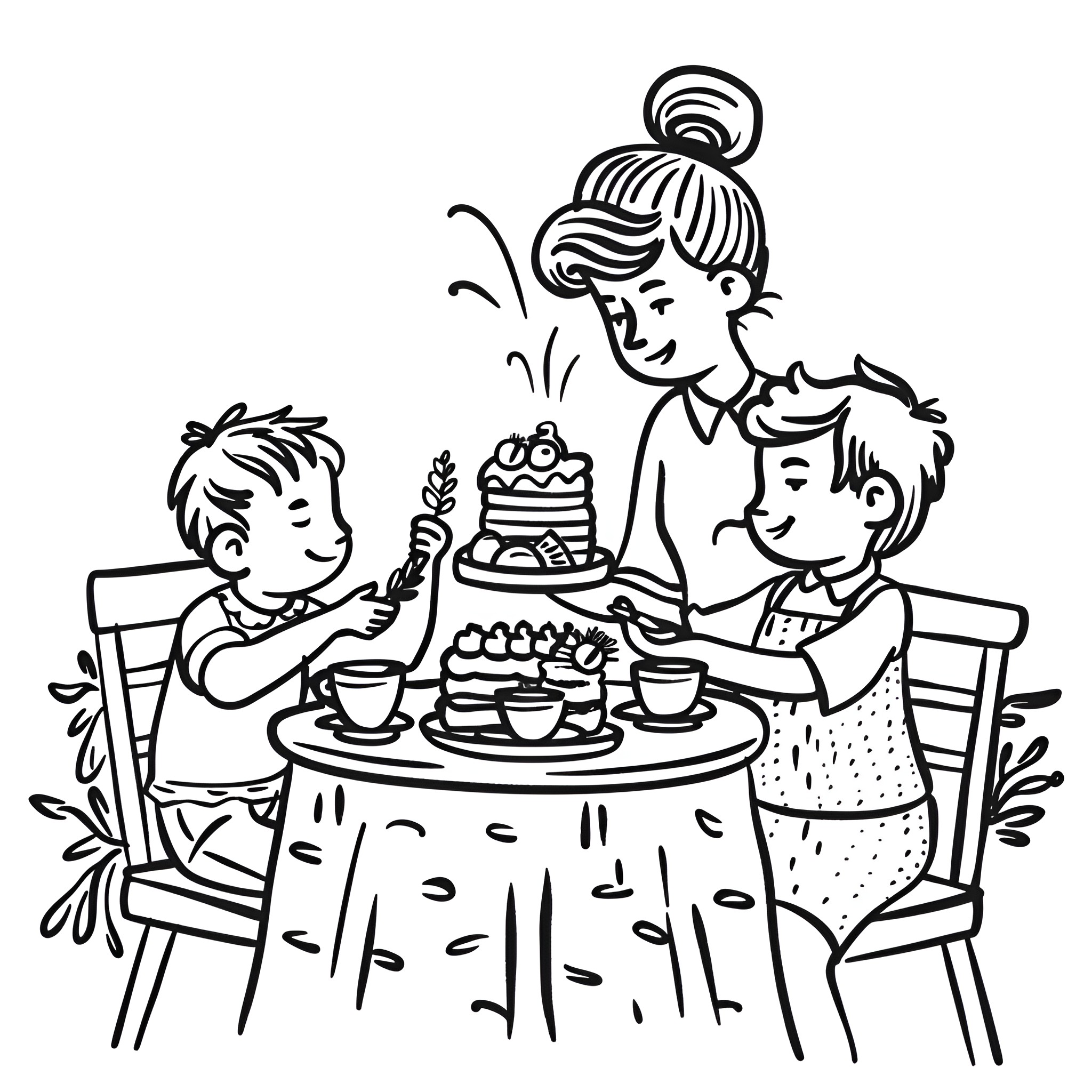 Mother's Day family tea party celebration Drawing Idea (free black-and-white line drawing printable PDF for all, from beginners to advanced learners, including children, teens, adults, and seniors)