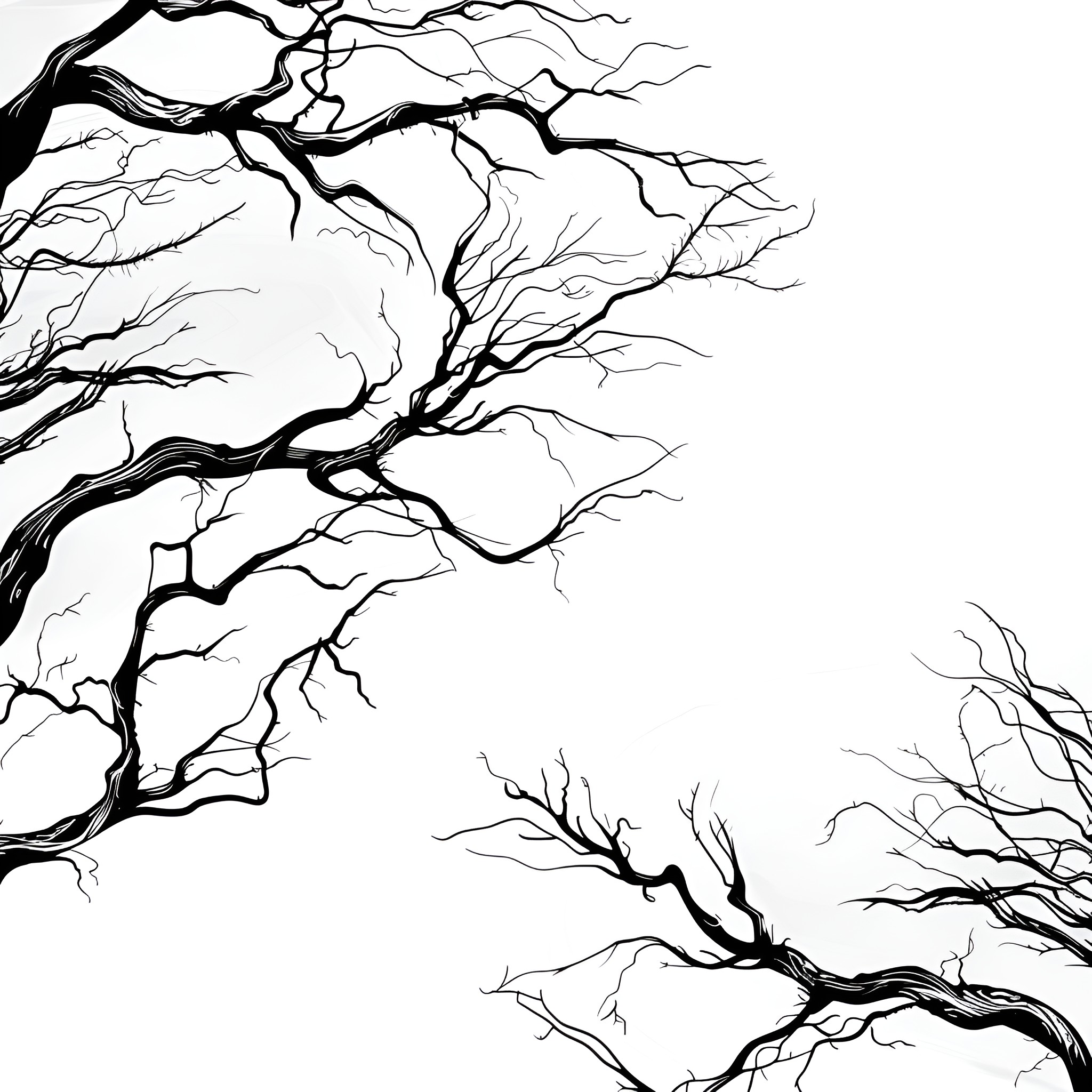 Scary Twisted Tree Silhouettes Drawing Idea (free black-and-white line drawing printable PDF for all, from beginners to advanced learners, including children, teens, adults, and seniors)