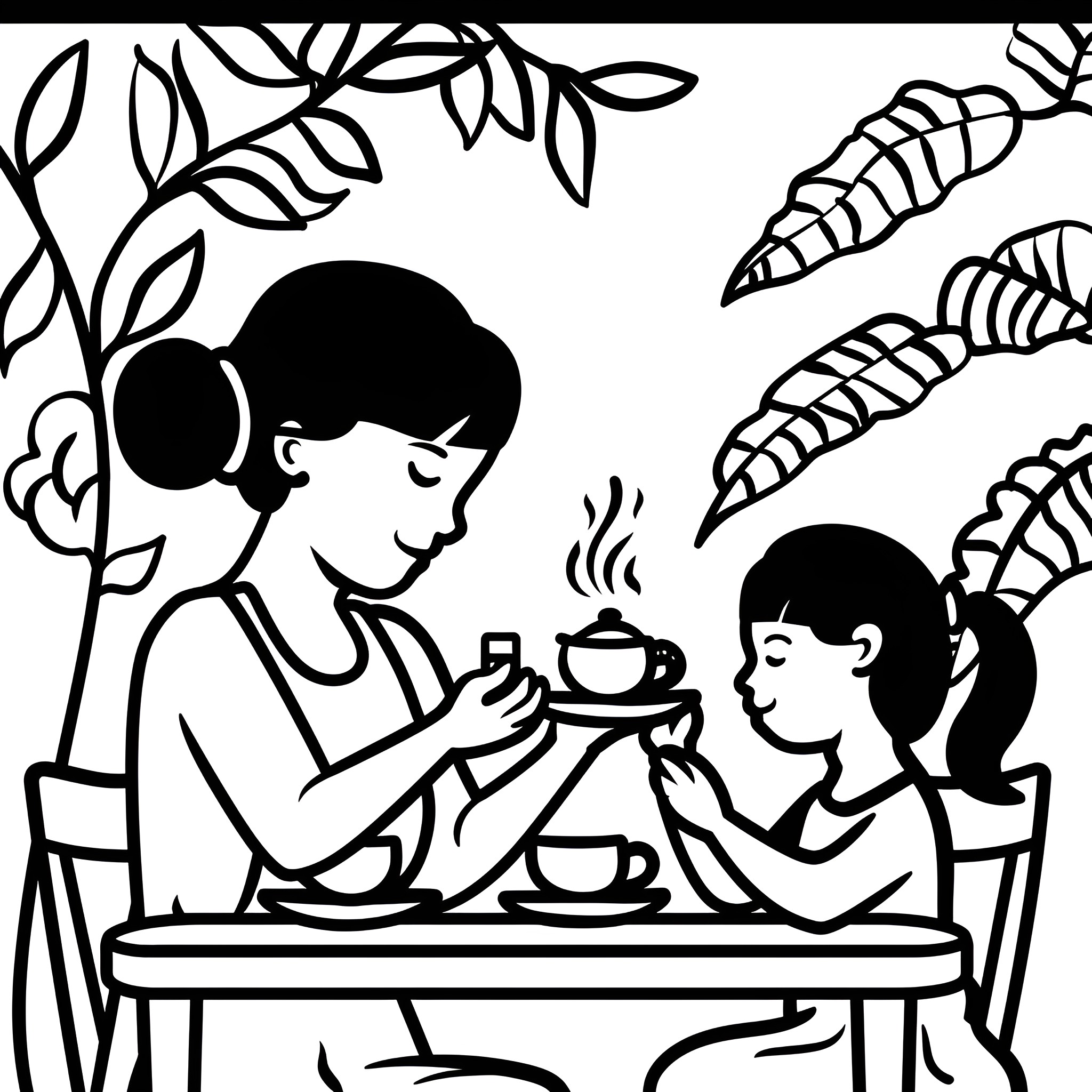 Mother's Day tea party with daughter Drawing Idea (free black-and-white line drawing printable PDF for all, from beginners to advanced learners, including children, teens, adults, and seniors)