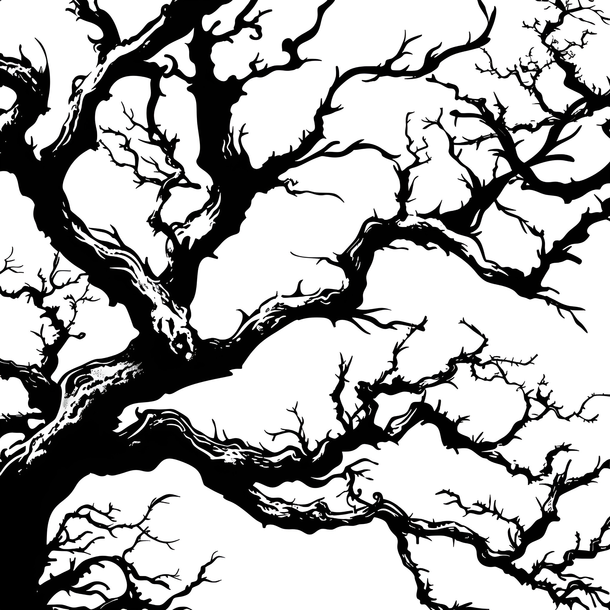 Scary Twisted Tree Silhouettes Drawing Idea (free black-and-white line drawing printable PDF for all, from beginners to advanced learners, including children, teens, adults, and seniors)