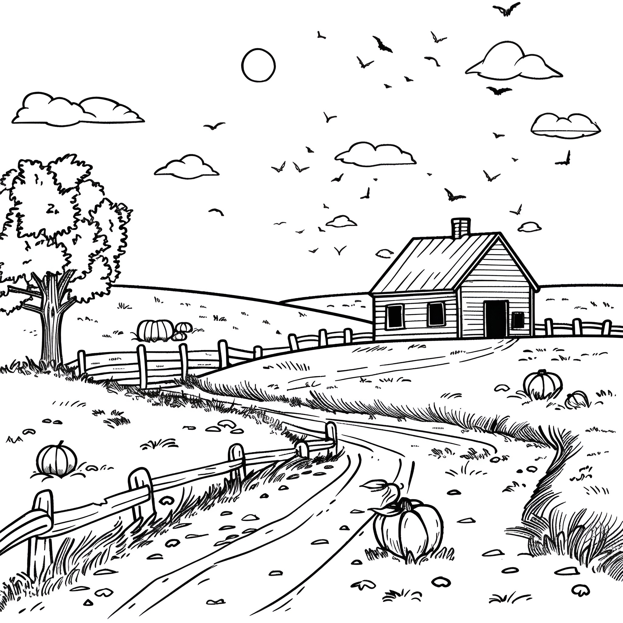 Thanksgiving country farmhouse and landscape Drawing Idea (free black-and-white line drawing printable PDF for all, from beginners to advanced learners, including children, teens, adults, and seniors)