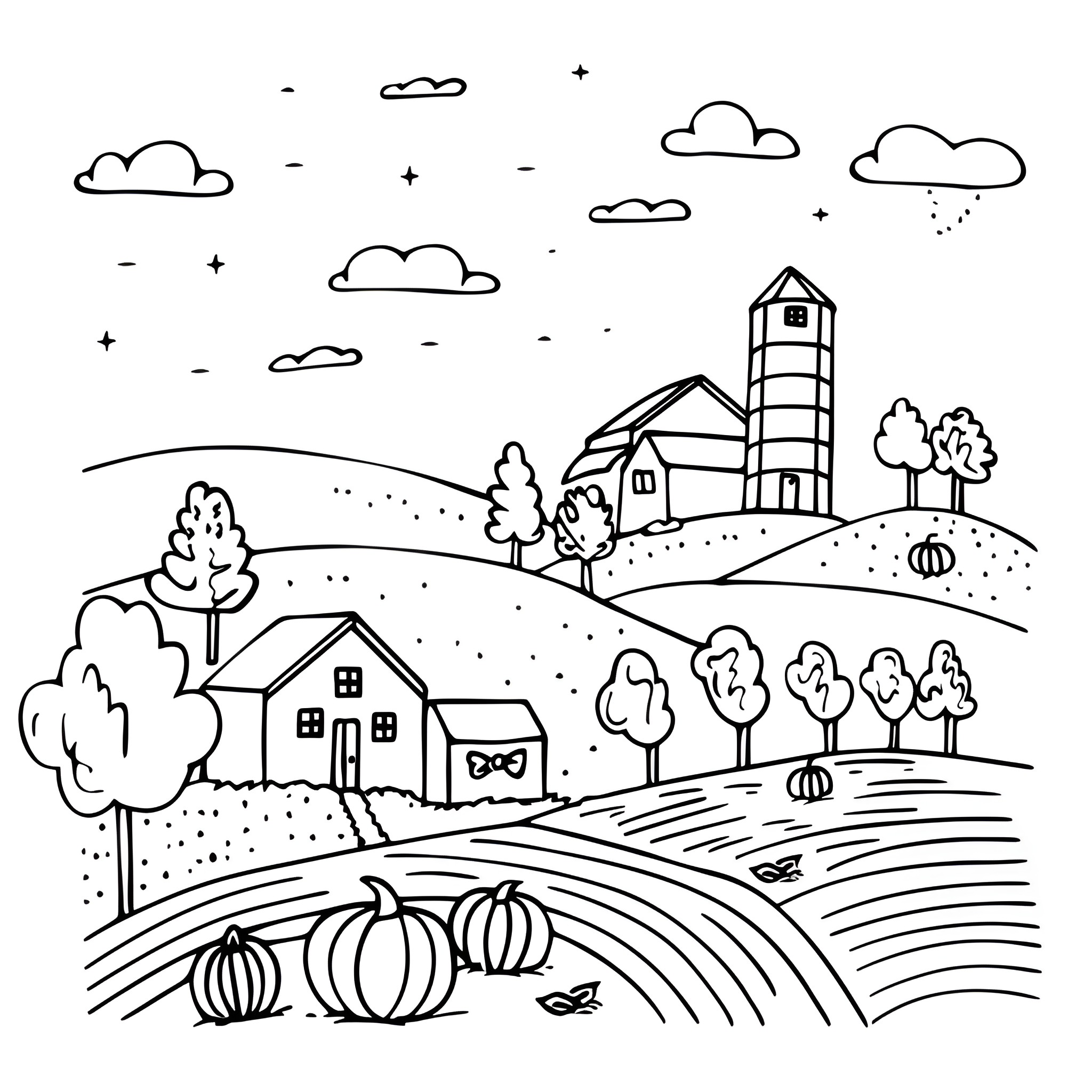 Thanksgiving rural farm landscape scene Drawing Idea (free black-and-white line drawing printable PDF for all, from beginners to advanced learners, including children, teens, adults, and seniors)
