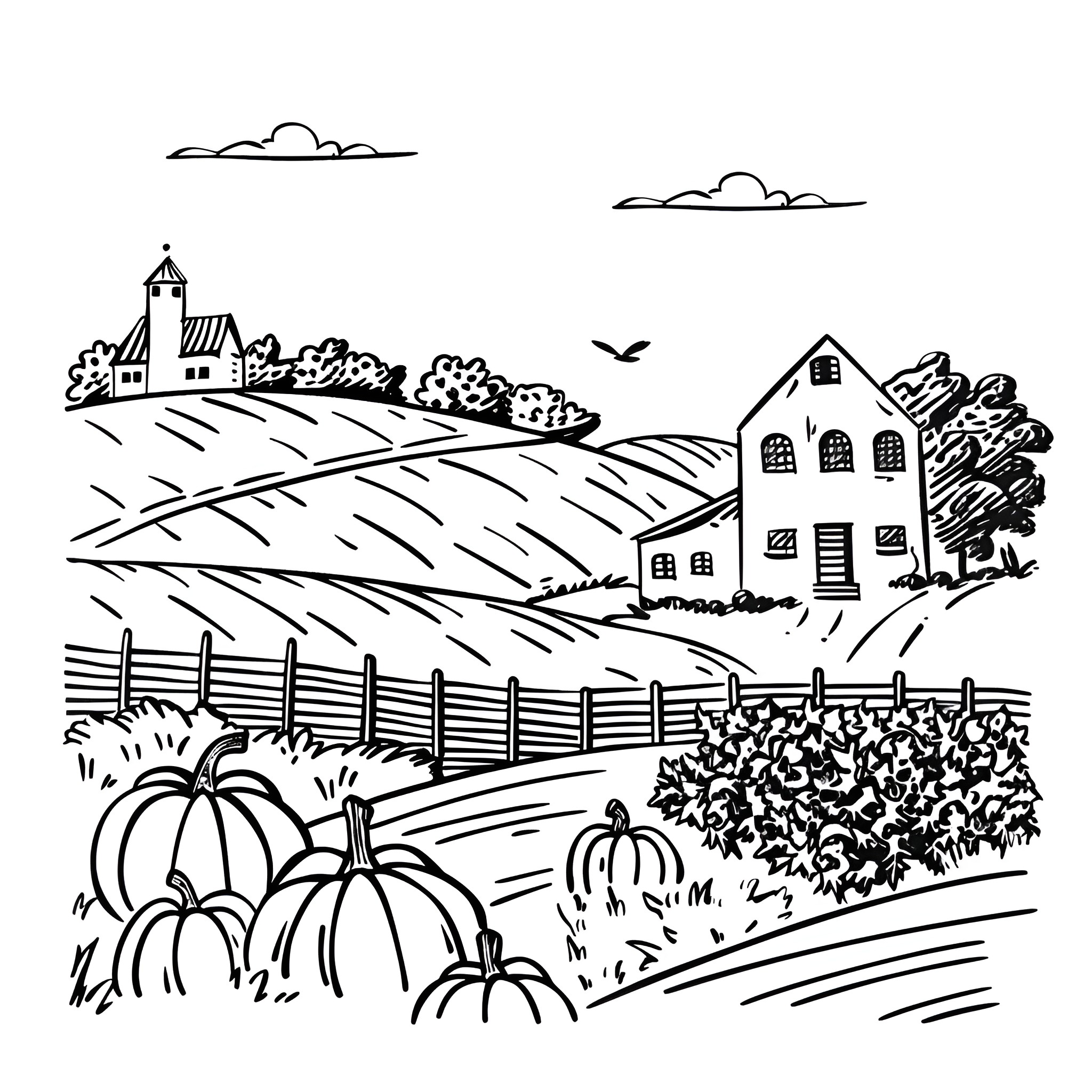Thanksgiving Countryside Landscape with Rural Scenes Drawing Idea (free black-and-white line drawing printable PDF for all, from beginners to advanced learners, including children, teens, adults, and seniors)