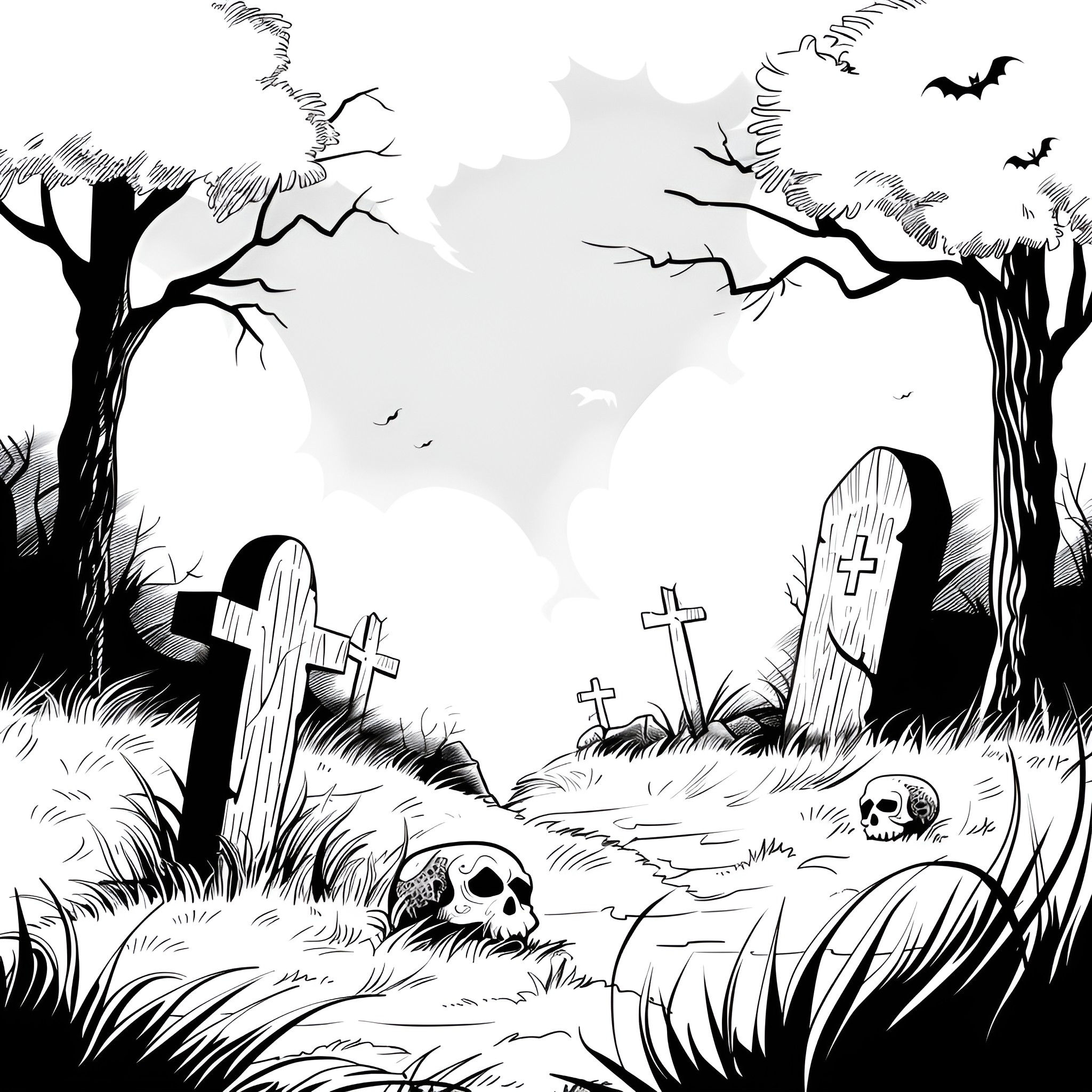 Scary Graveyard with Spooky Atmosphere Drawing Idea (free black-and-white line drawing printable PDF for all, from beginners to advanced learners, including children, teens, adults, and seniors)