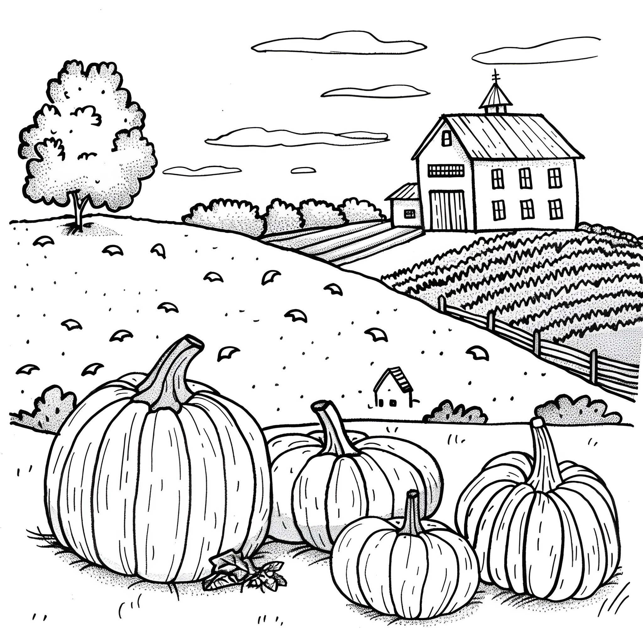Thanksgiving Harvest Landscape with Pumpkins Drawing Idea (free black-and-white line drawing printable PDF for all, from beginners to advanced learners, including children, teens, adults, and seniors)