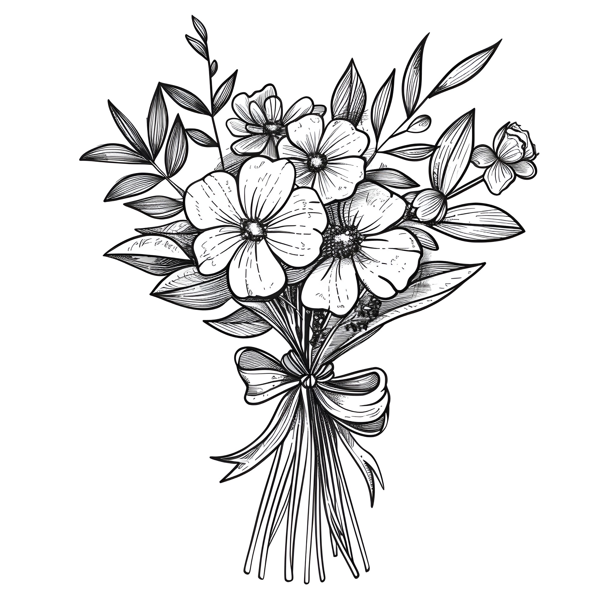 Mother's Day floral bouquet Drawing Idea (free black-and-white line drawing printable PDF for all, from beginners to advanced learners, including children, teens, adults, and seniors)