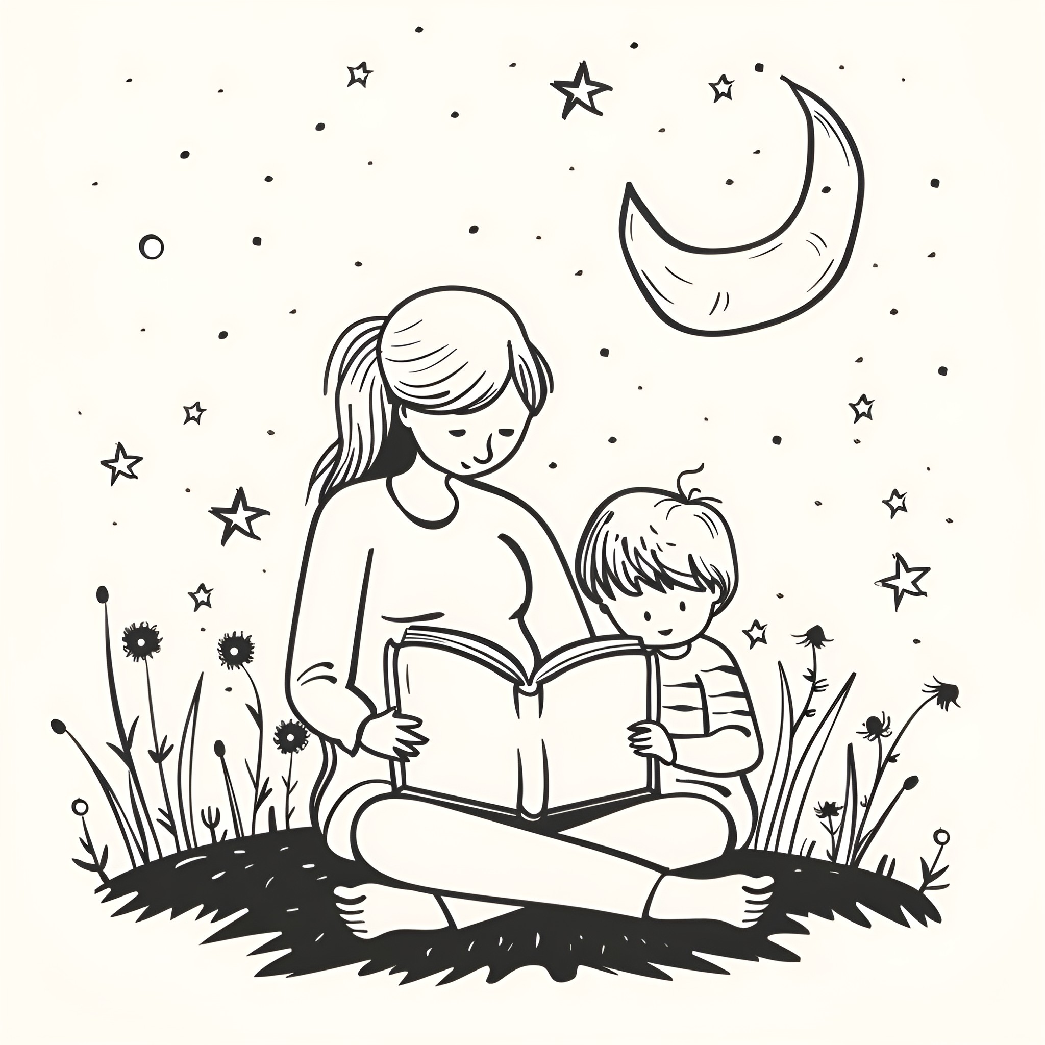 Mother's Day reading bedtime story Drawing Idea (free black-and-white line drawing printable PDF for all, from beginners to advanced learners, including children, teens, adults, and seniors)