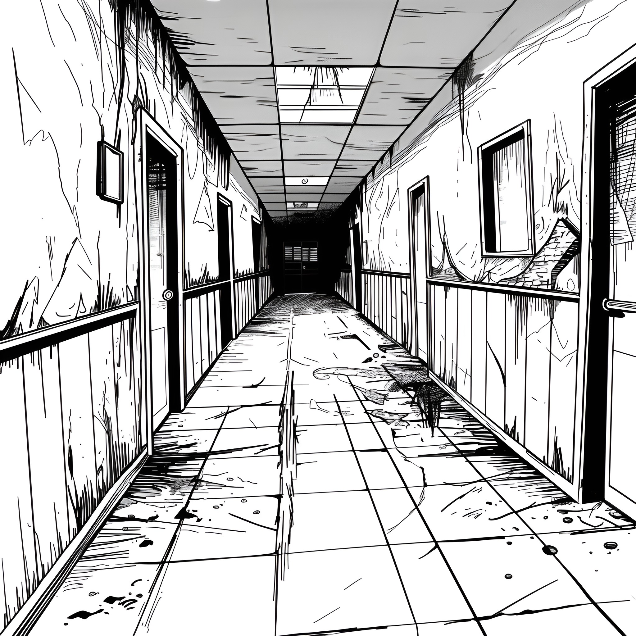 Scary Deserted and Dilapidated Hospital Hallway Drawing Idea (free black-and-white line drawing printable PDF for all, from beginners to advanced learners, including children, teens, adults, and seniors)
