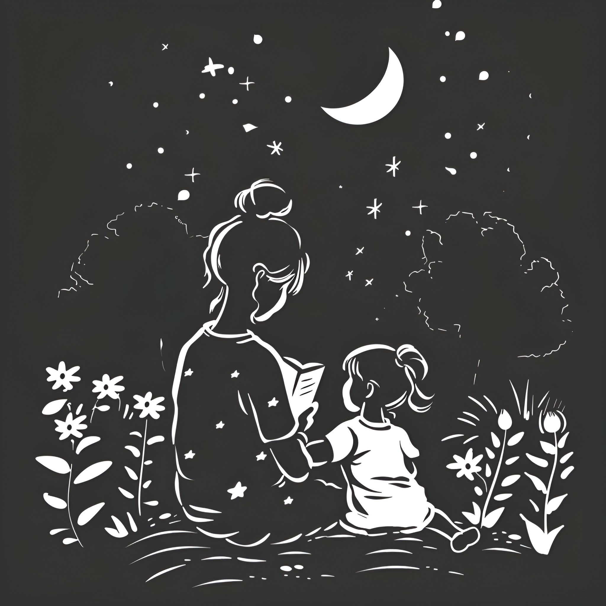 Mother's Day, A Starry Night With Mother and Child Drawing Idea (free black-and-white line drawing printable PDF for all, from beginners to advanced learners, including children, teens, adults, and seniors)