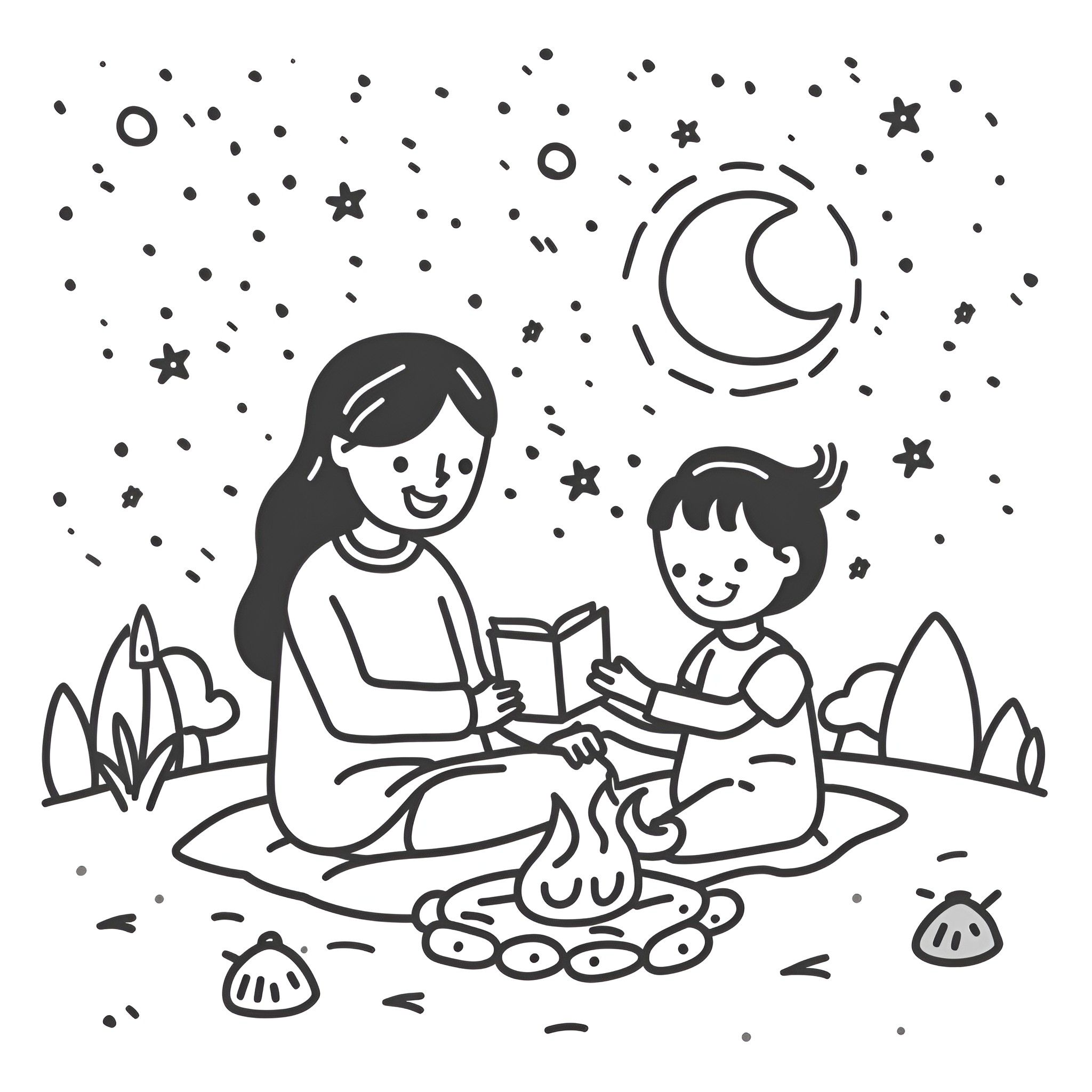 Mother's Day family enjoying nature at night Drawing Idea (free black-and-white line drawing printable PDF for all, from beginners to advanced learners, including children, teens, adults, and seniors)