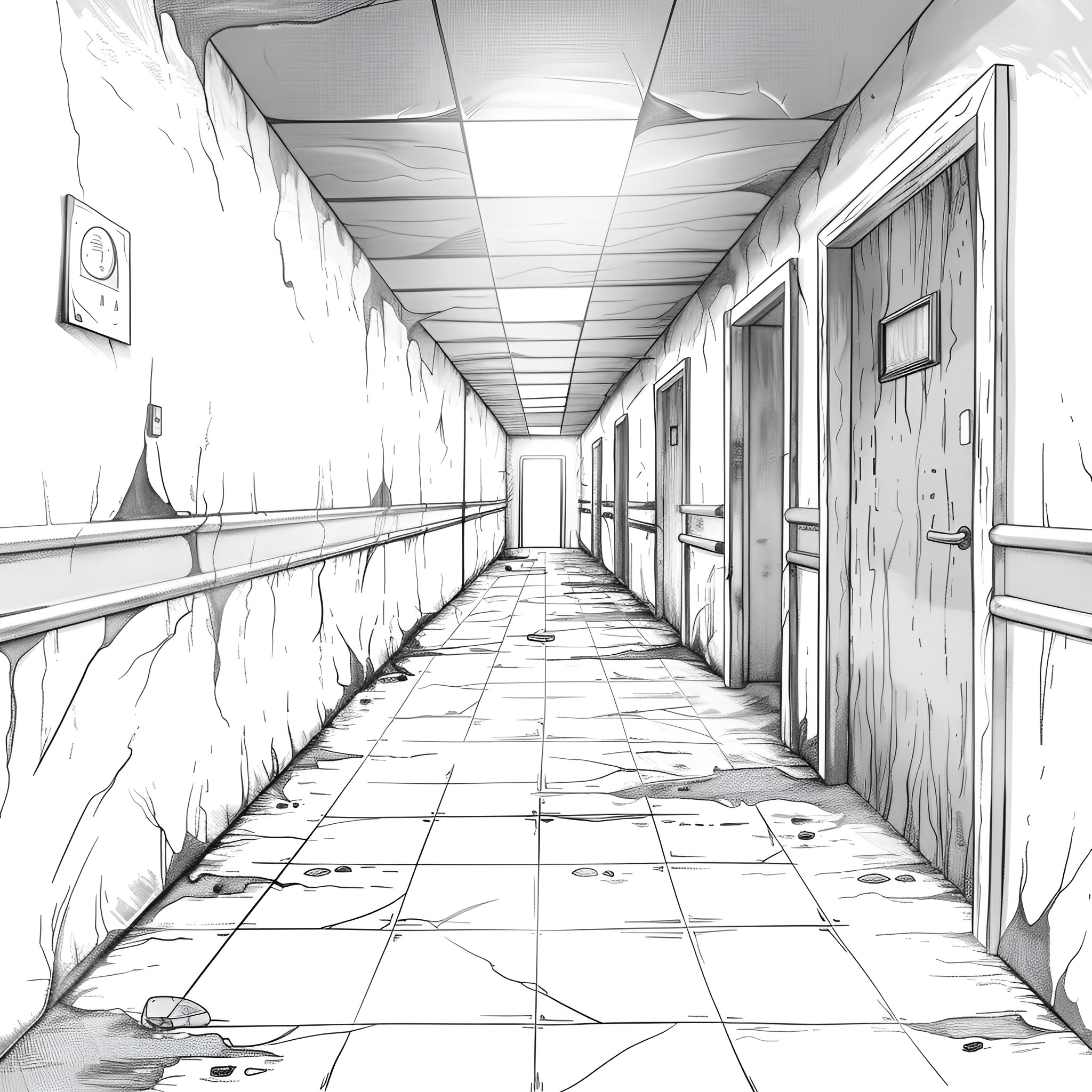 Scary abandoned hospital corridor Drawing Idea (free black-and-white line drawing printable PDF for all, from beginners to advanced learners, including children, teens, adults, and seniors)