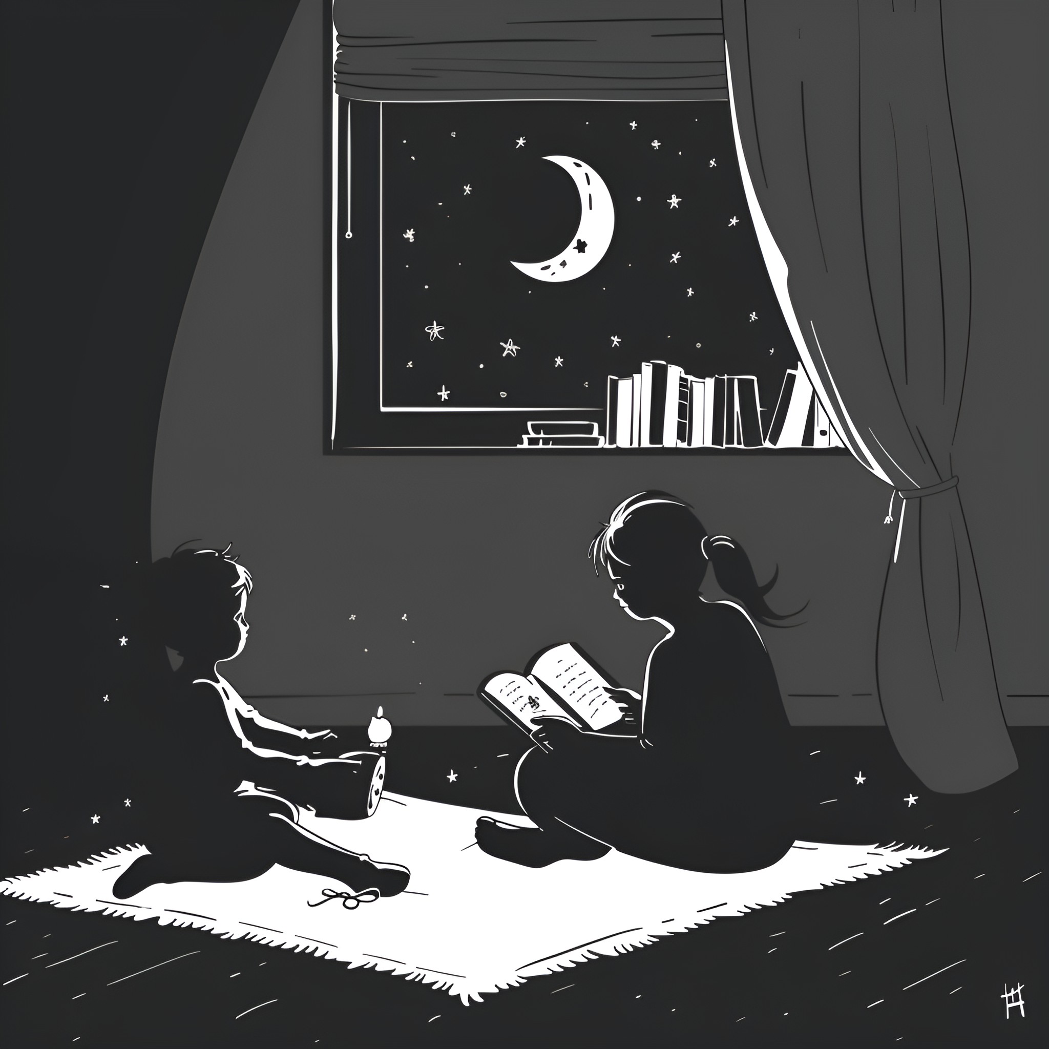 Mother's Day reading stories to children at night Drawing Idea (free black-and-white line drawing printable PDF for all, from beginners to advanced learners, including children, teens, adults, and seniors)