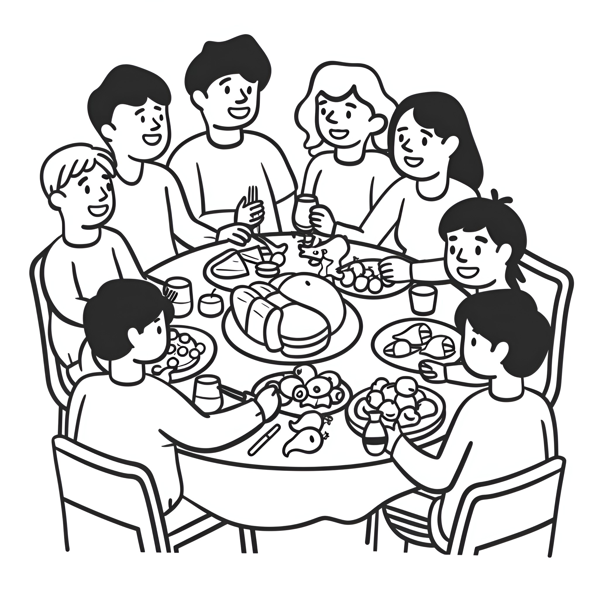 Thanksgiving family gathering sharing a meal Drawing Idea (free black-and-white line drawing printable PDF for all, from beginners to advanced learners, including children, teens, adults, and seniors)