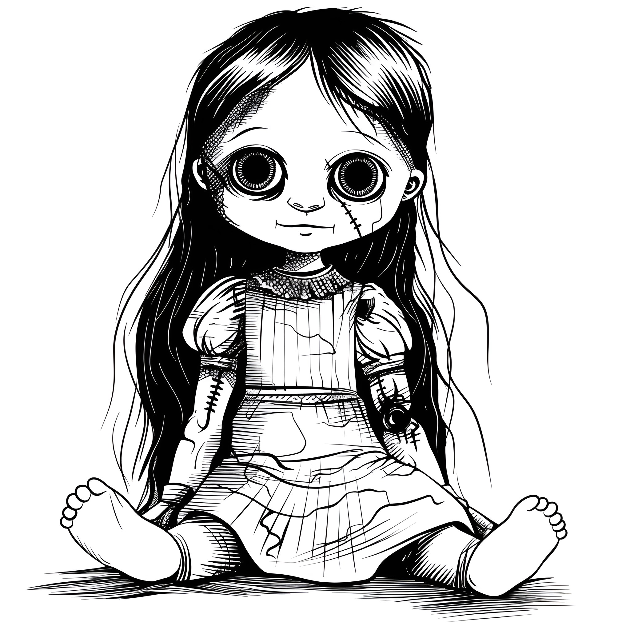 Scary creepy doll with large eyes Drawing Idea (free black-and-white line drawing printable PDF for all, from beginners to advanced learners, including children, teens, adults, and seniors)