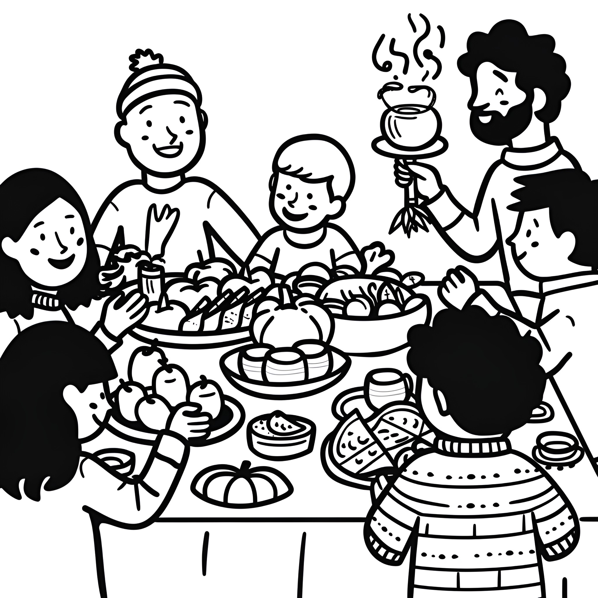 Thanksgiving family gathering with festive meal Drawing Idea (free black-and-white line drawing printable PDF for all, from beginners to advanced learners, including children, teens, adults, and seniors)