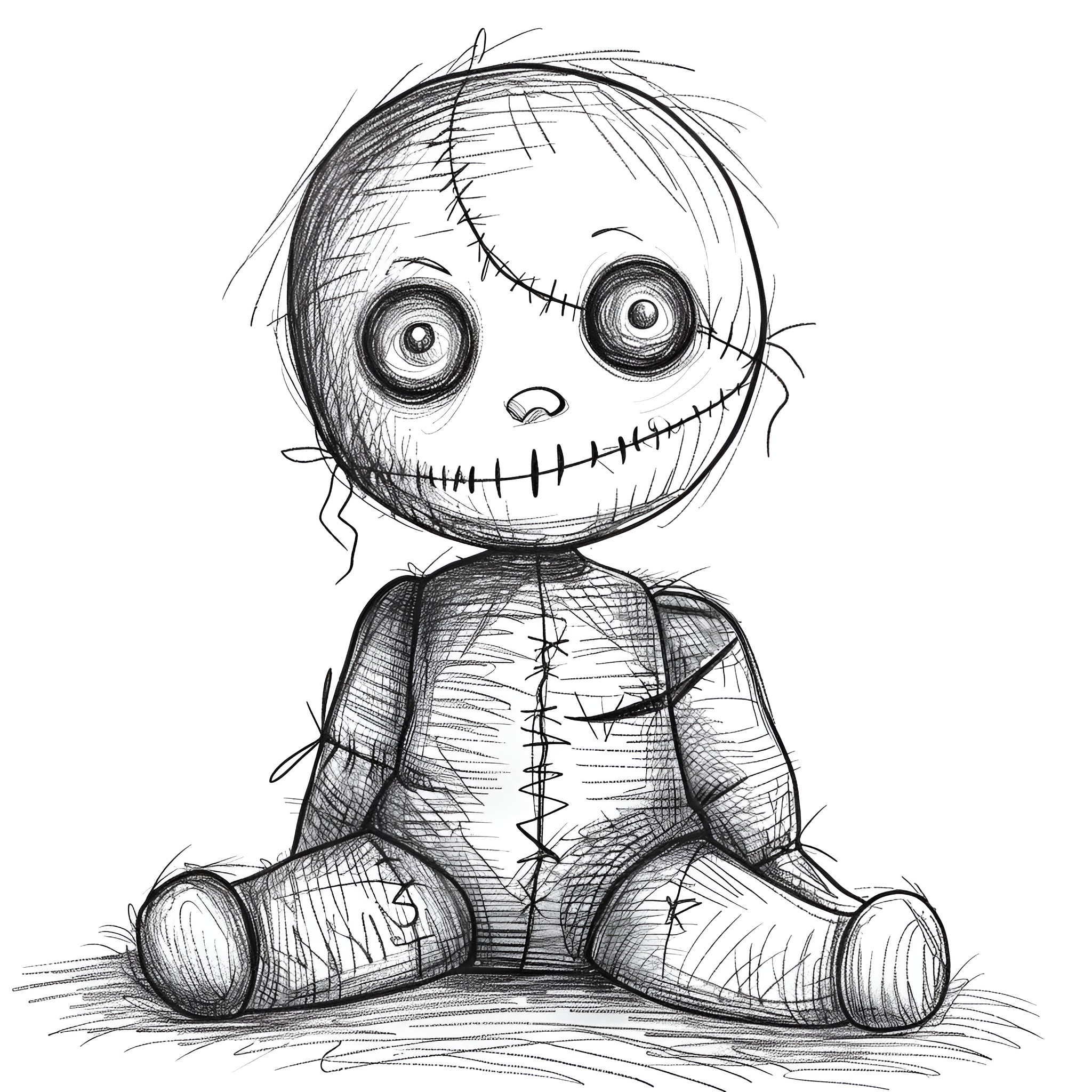 Scary Sewn-Together Doll Drawing Idea (free black-and-white line drawing printable PDF for all, from beginners to advanced learners, including children, teens, adults, and seniors)