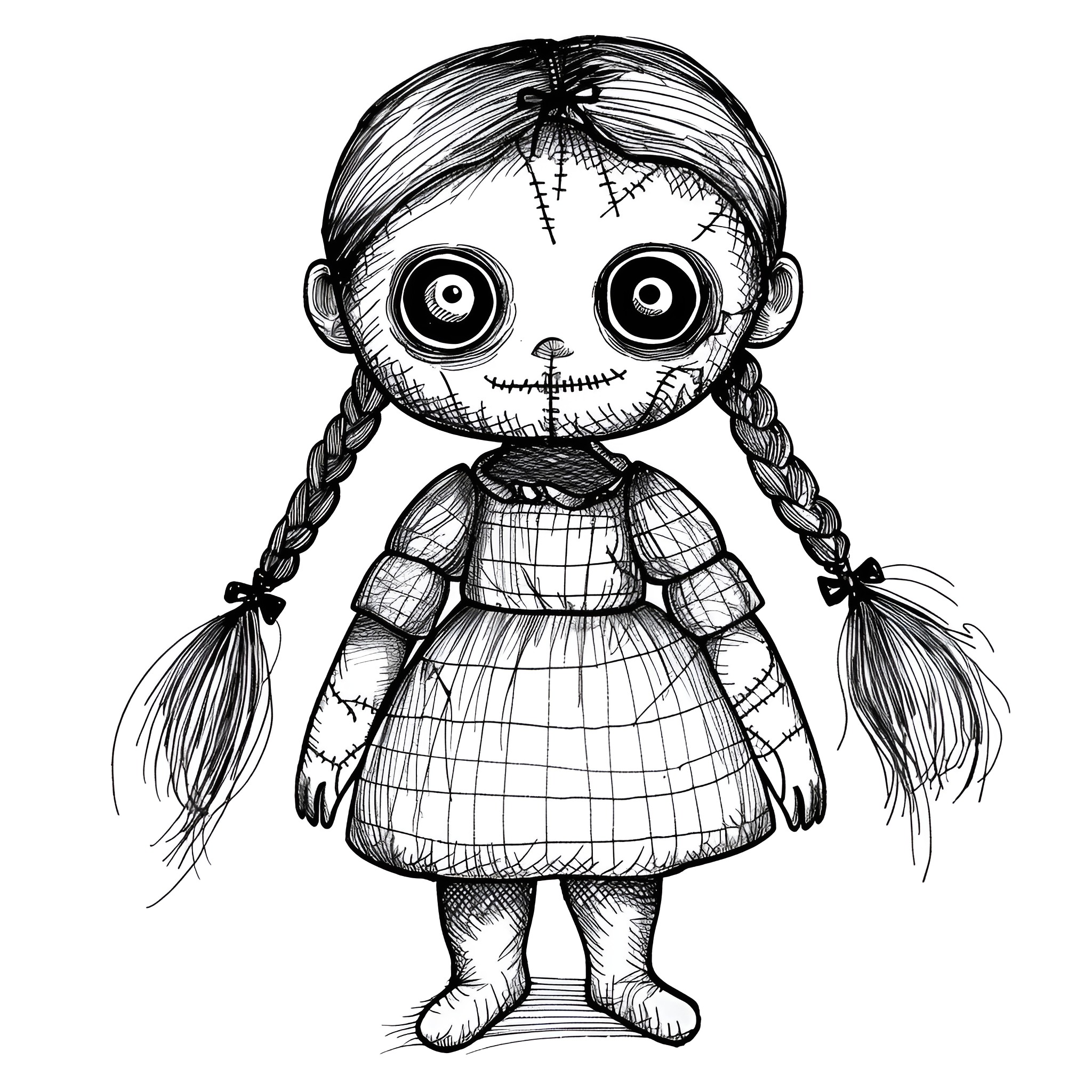 Scary Doll with Stitches and Braids Drawing Idea (free black-and-white line drawing printable PDF for all, from beginners to advanced learners, including children, teens, adults, and seniors)