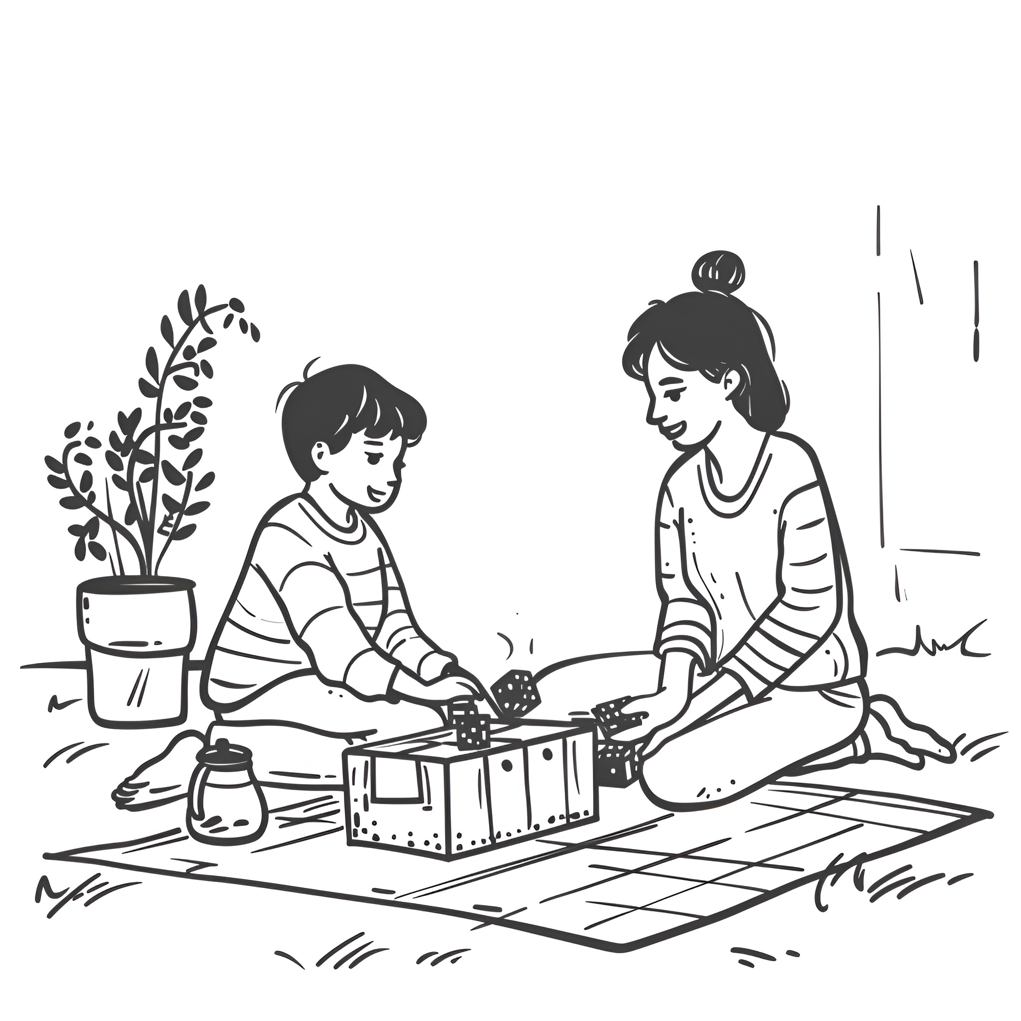 Mother's Day family picnic with children Drawing Idea (free black-and-white line drawing printable PDF for all, from beginners to advanced learners, including children, teens, adults, and seniors)