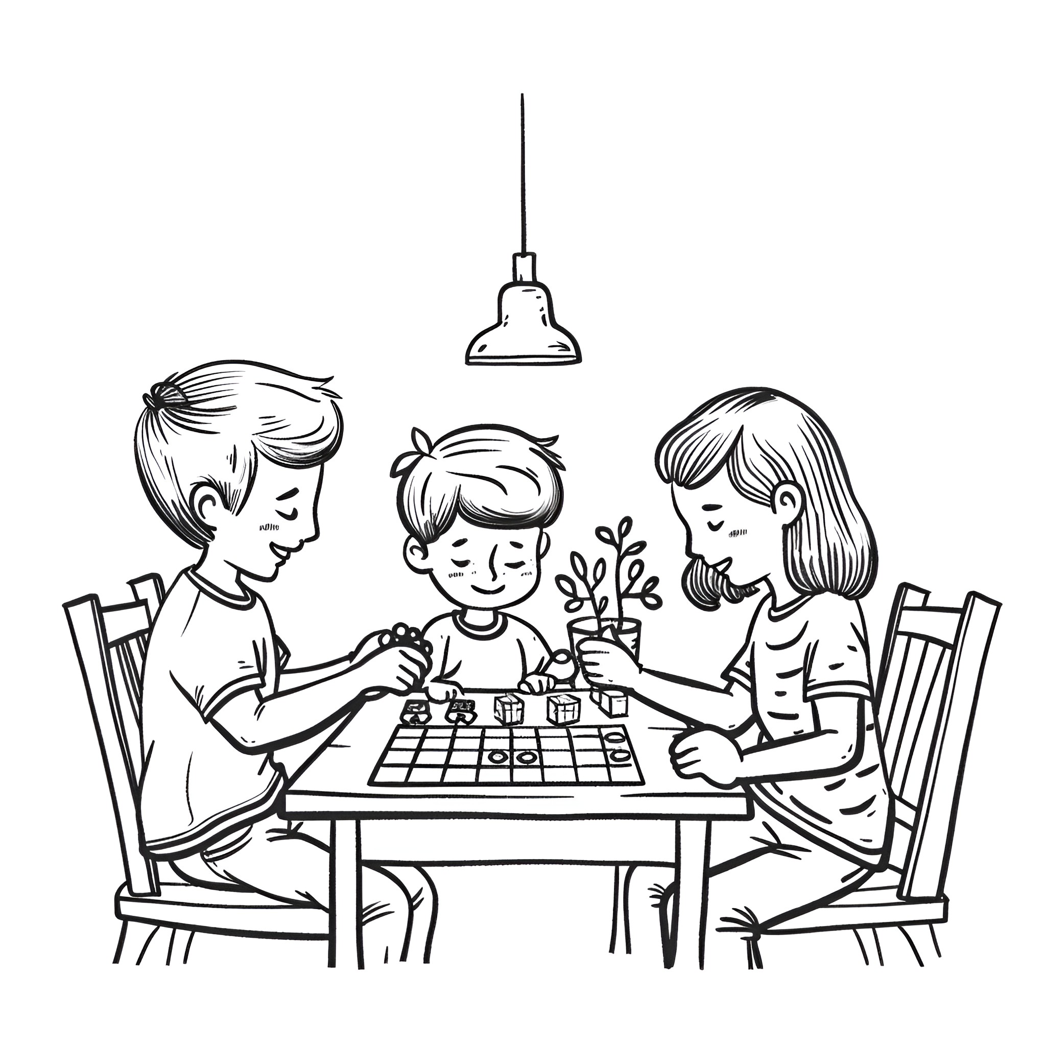 Mother's Day family game time Drawing Idea (free black-and-white line drawing printable PDF for all, from beginners to advanced learners, including children, teens, adults, and seniors)