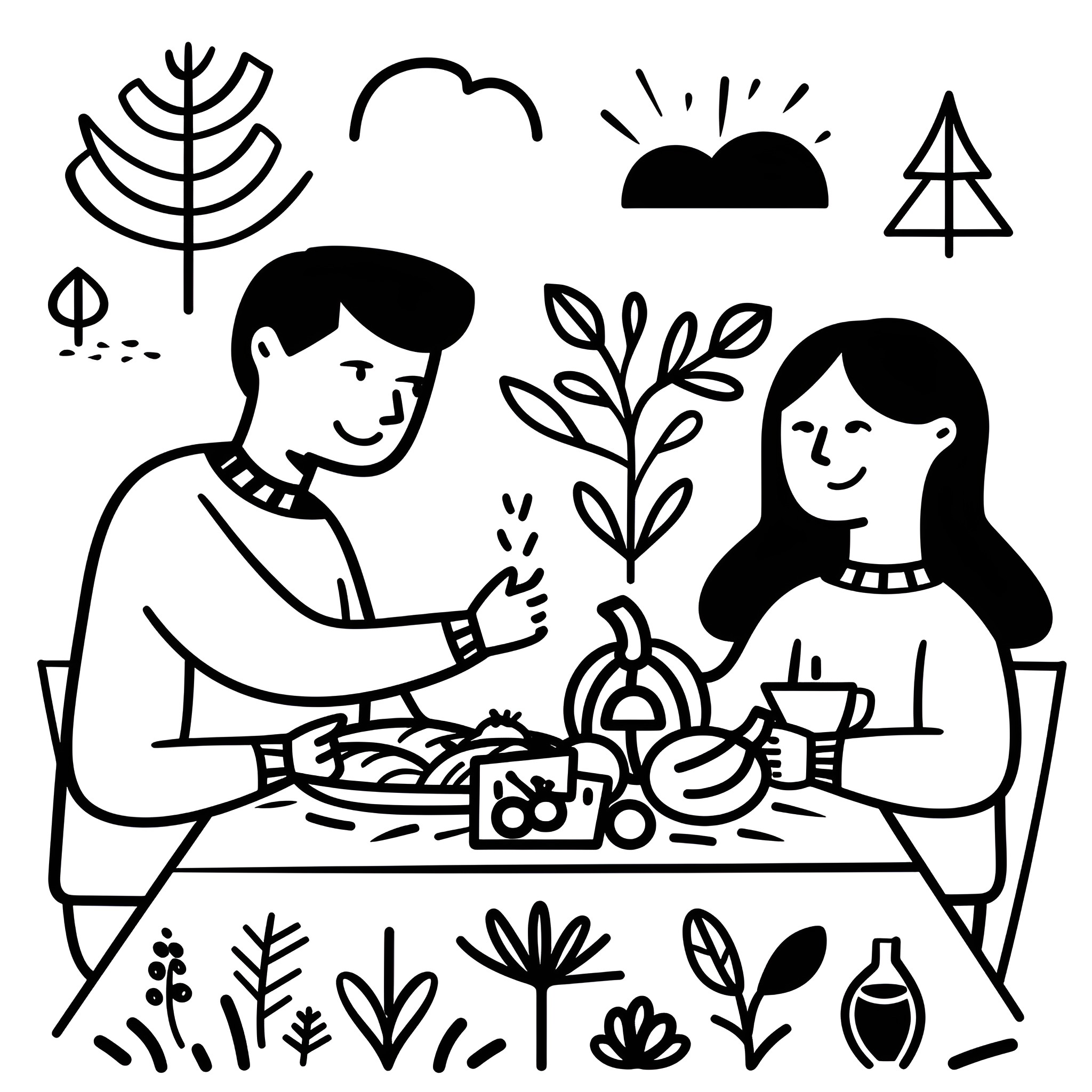 Thanksgiving family mealtime with joy and nature Drawing Idea (free black-and-white line drawing printable PDF for all, from beginners to advanced learners, including children, teens, adults, and seniors)