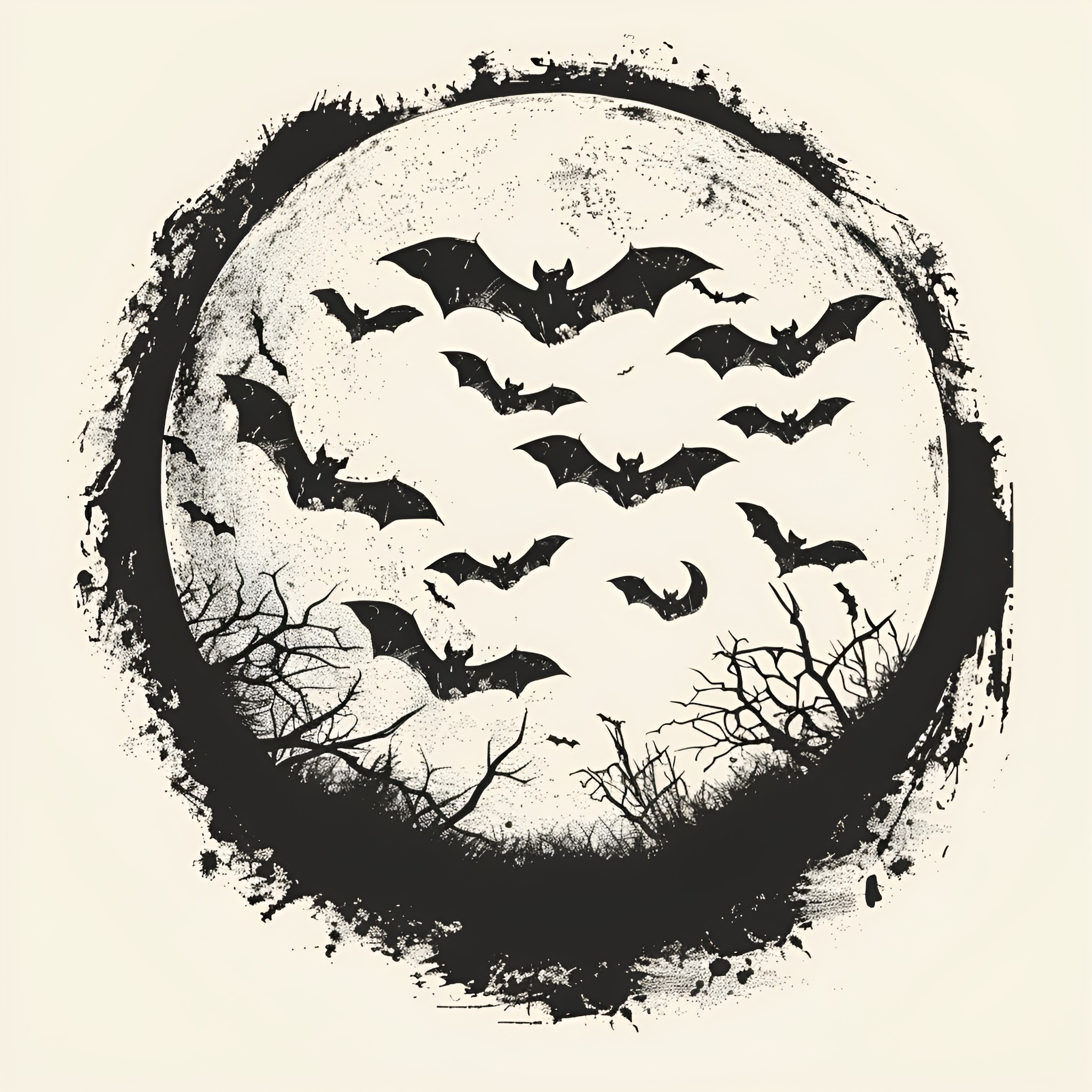 Scary Bat-Filled Nighttime Scene Drawing Idea (free black-and-white line drawing printable PDF for all, from beginners to advanced learners, including children, teens, adults, and seniors)