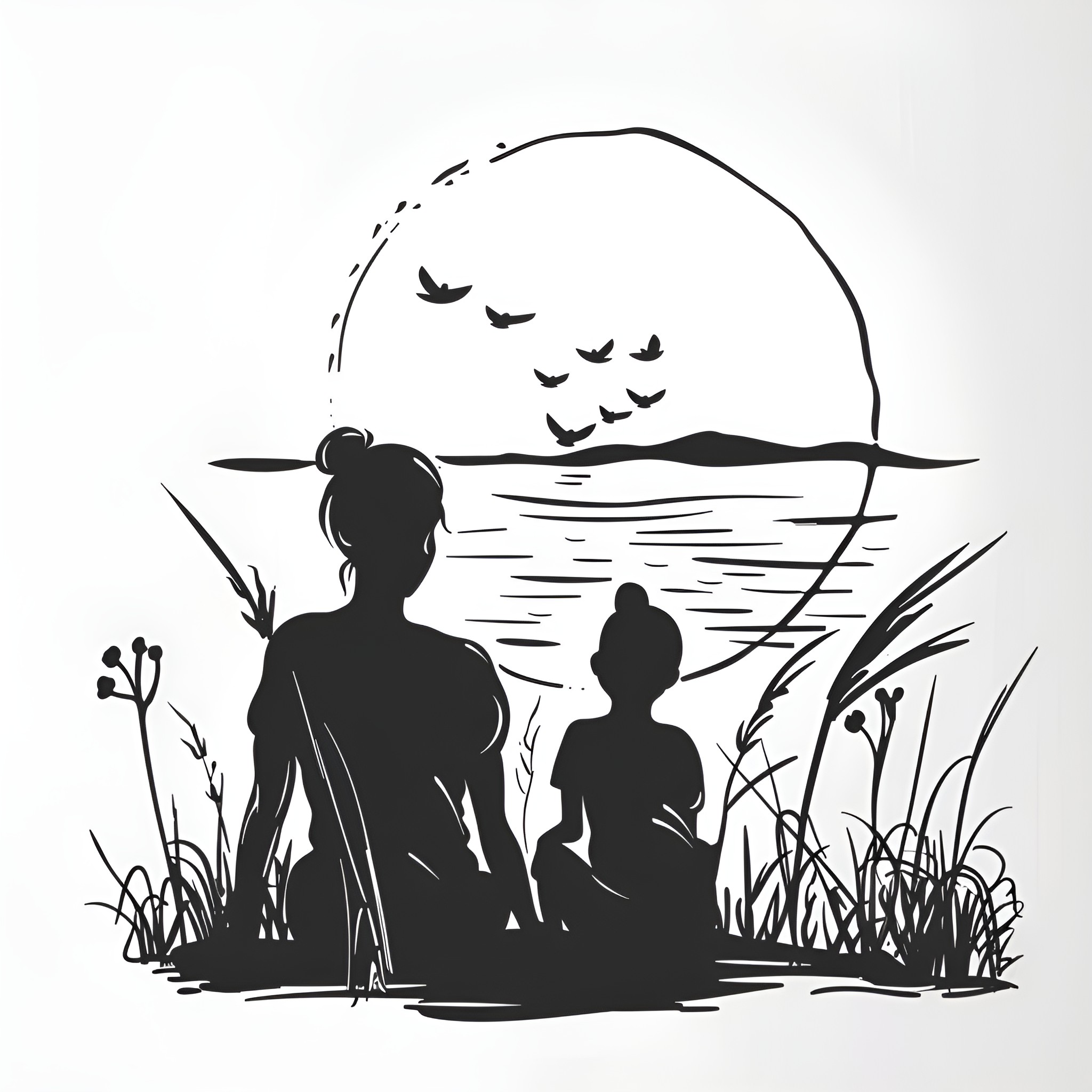 Mother's Day by the Serene Lakeside Drawing Idea (free black-and-white line drawing printable PDF for all, from beginners to advanced learners, including children, teens, adults, and seniors)