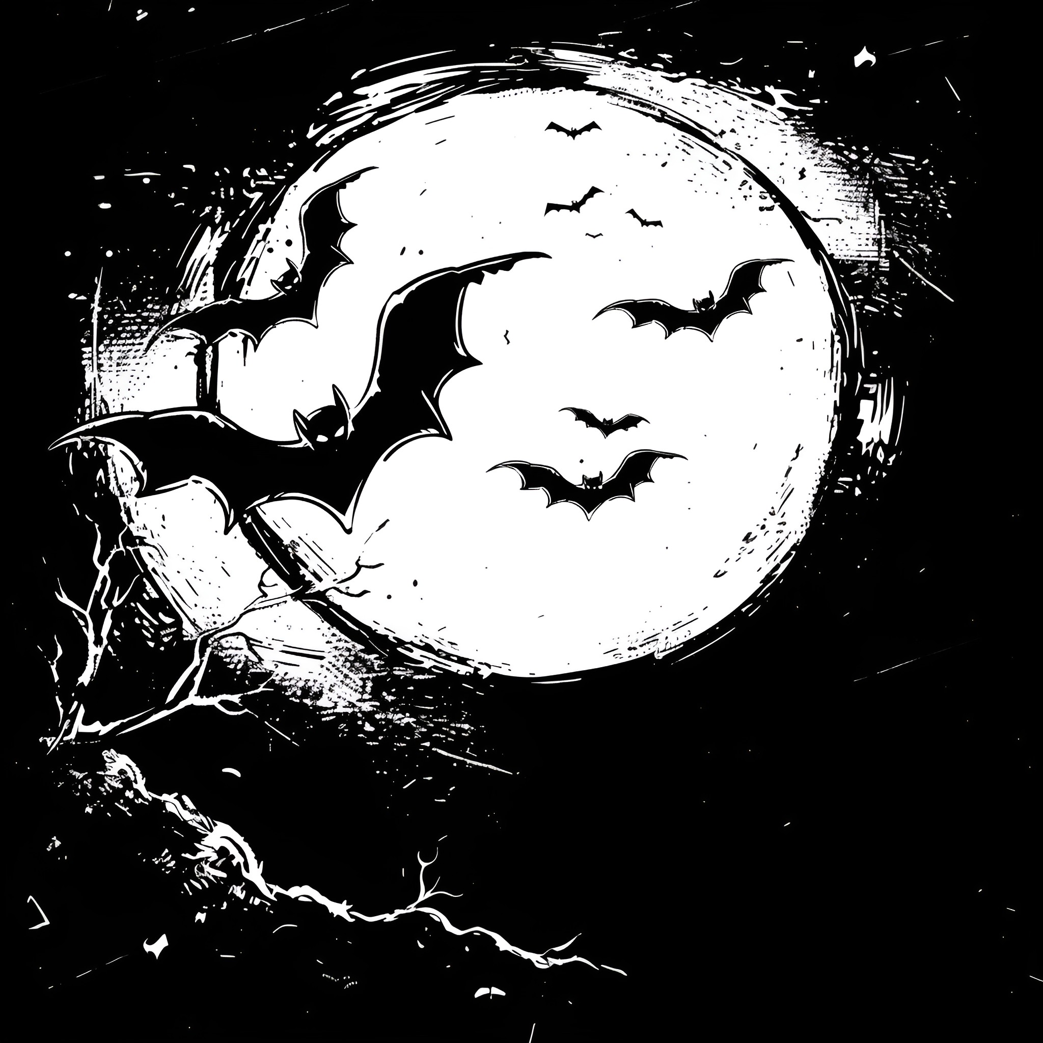 Scary Bats Swarming in Moonlight Drawing Idea (free black-and-white line drawing printable PDF for all, from beginners to advanced learners, including children, teens, adults, and seniors)