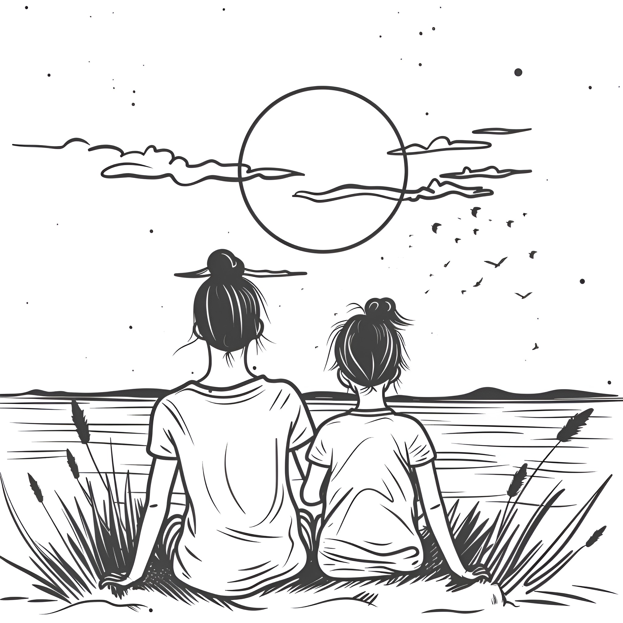 Mother's Day silhouettes watching sunset Drawing Idea (free black-and-white line drawing printable PDF for all, from beginners to advanced learners, including children, teens, adults, and seniors)