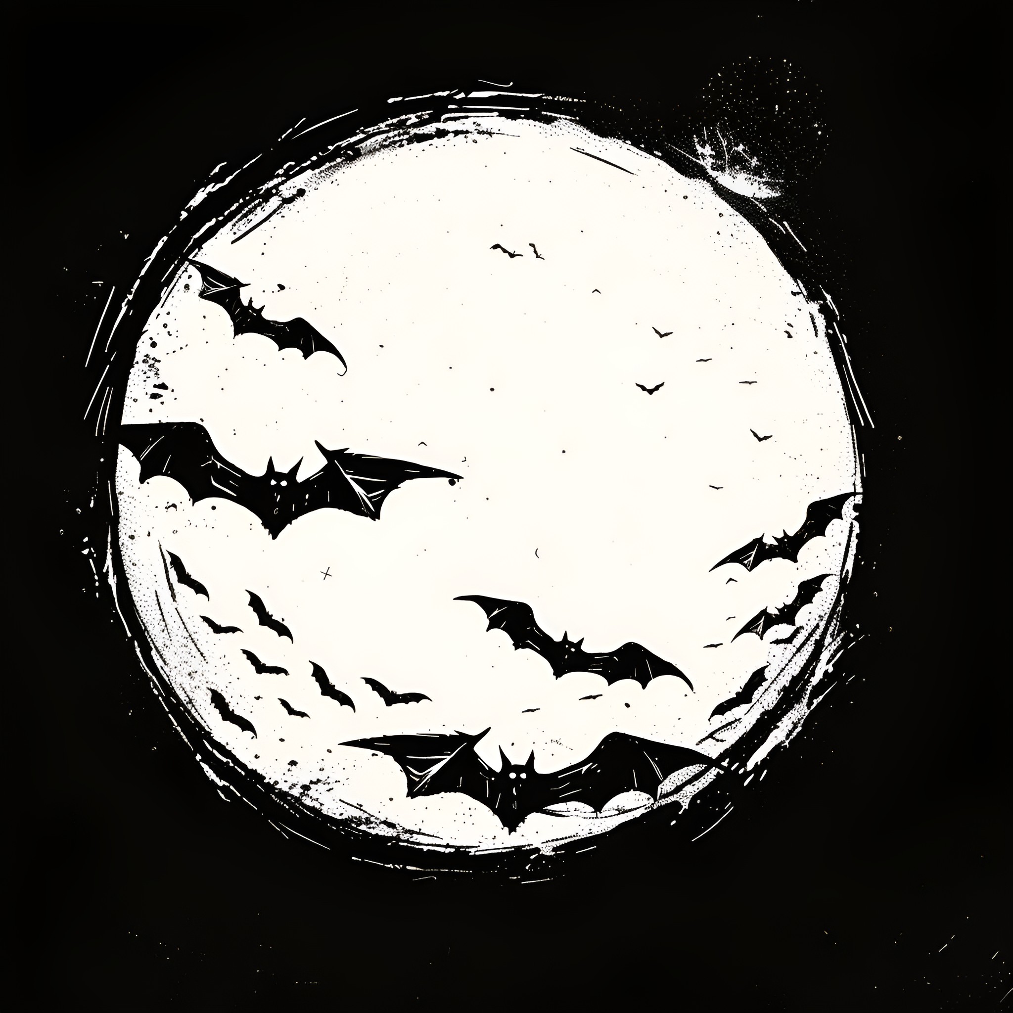 Scary Bat-Filled Night Sky Drawing Idea (free black-and-white line drawing printable PDF for all, from beginners to advanced learners, including children, teens, adults, and seniors)