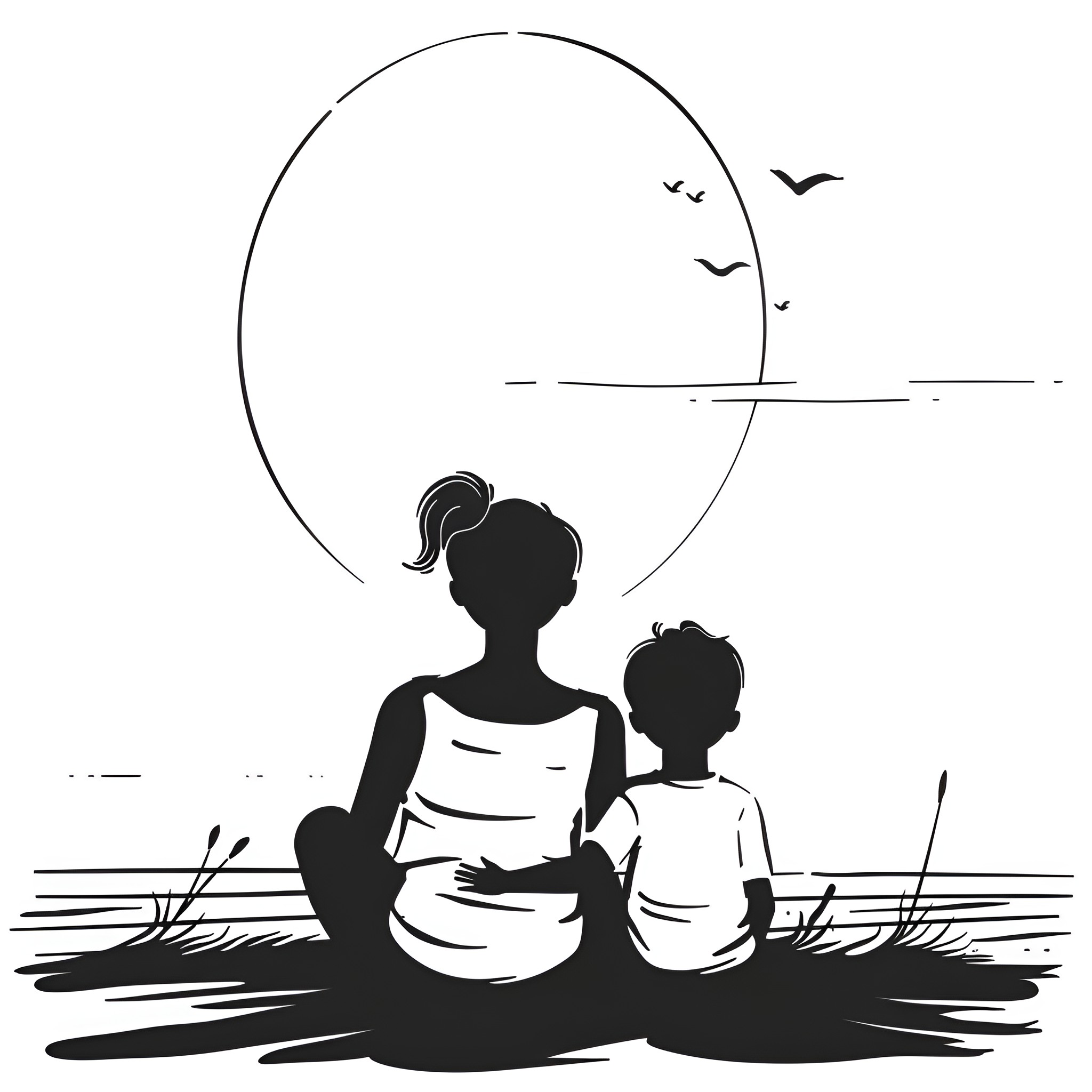 Mother's Day with mother and child enjoying nature Drawing Idea (free black-and-white line drawing printable PDF for all, from beginners to advanced learners, including children, teens, adults, and seniors)