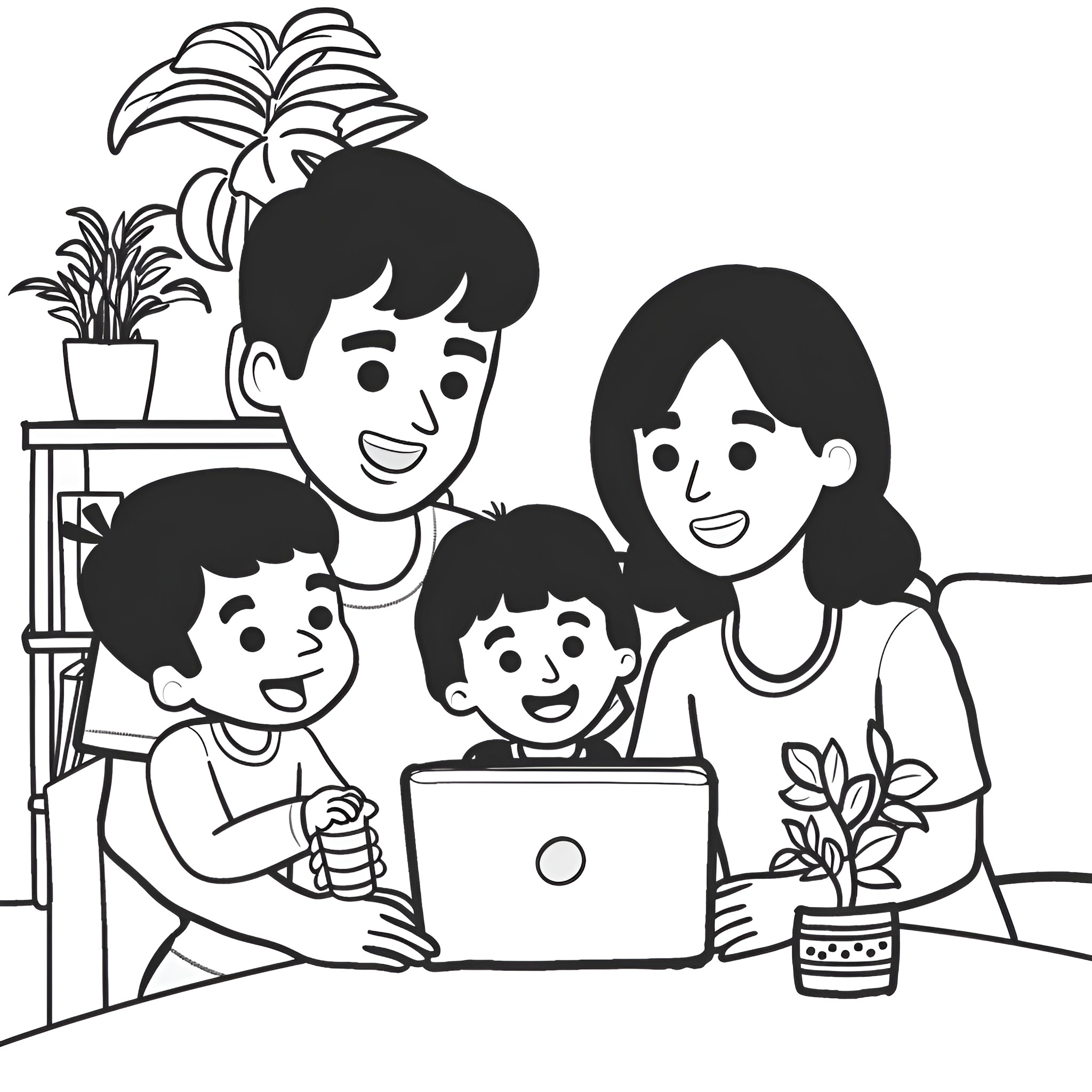 Mother's Day with family using laptop Drawing Idea (free black-and-white line drawing printable PDF for all, from beginners to advanced learners, including children, teens, adults, and seniors)